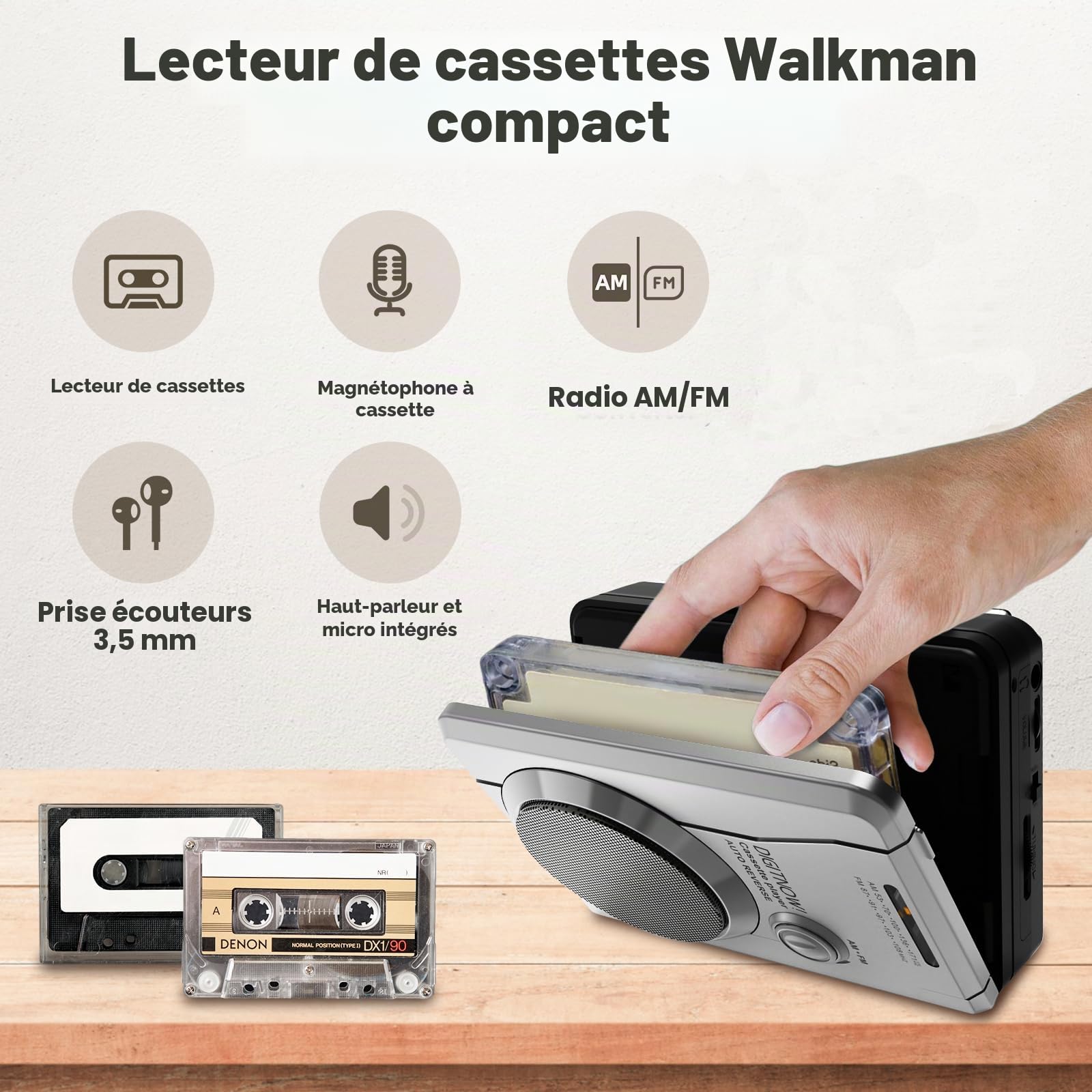Enregistreur de cassettes rétro, lecteur de cassettes portable avec radio AM/FM, clip de ceinture, haut-parleur intégré et prise casque 3,5 mm (Argent)