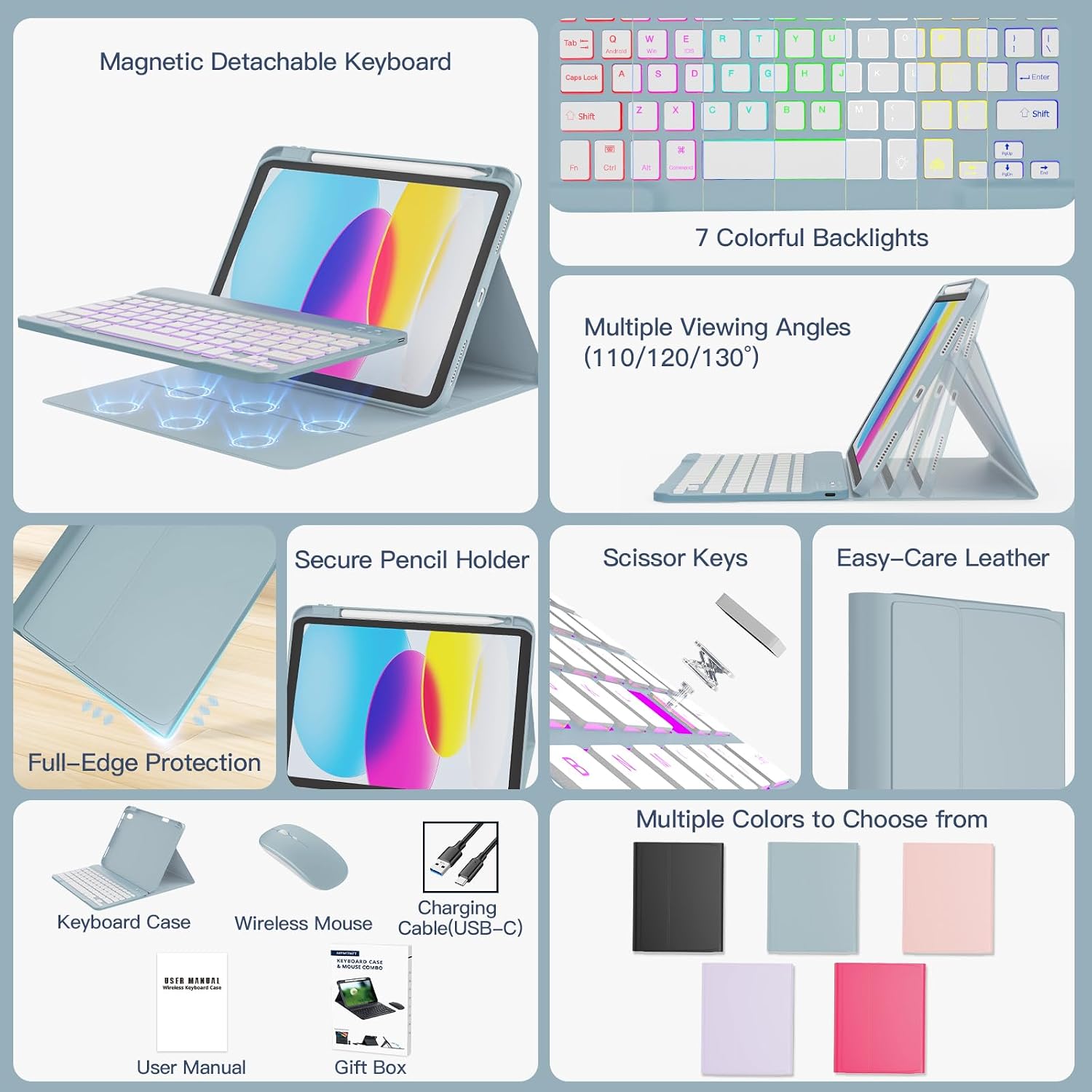 RAYMCRAFT for iPad 11th (A16, 2025) / 10th Generation Case with Keyboard, Mouse and Detachable Wireless Keyboard, 7-Color Backlight, Slim Case with Pencil Holder, Slate Blue