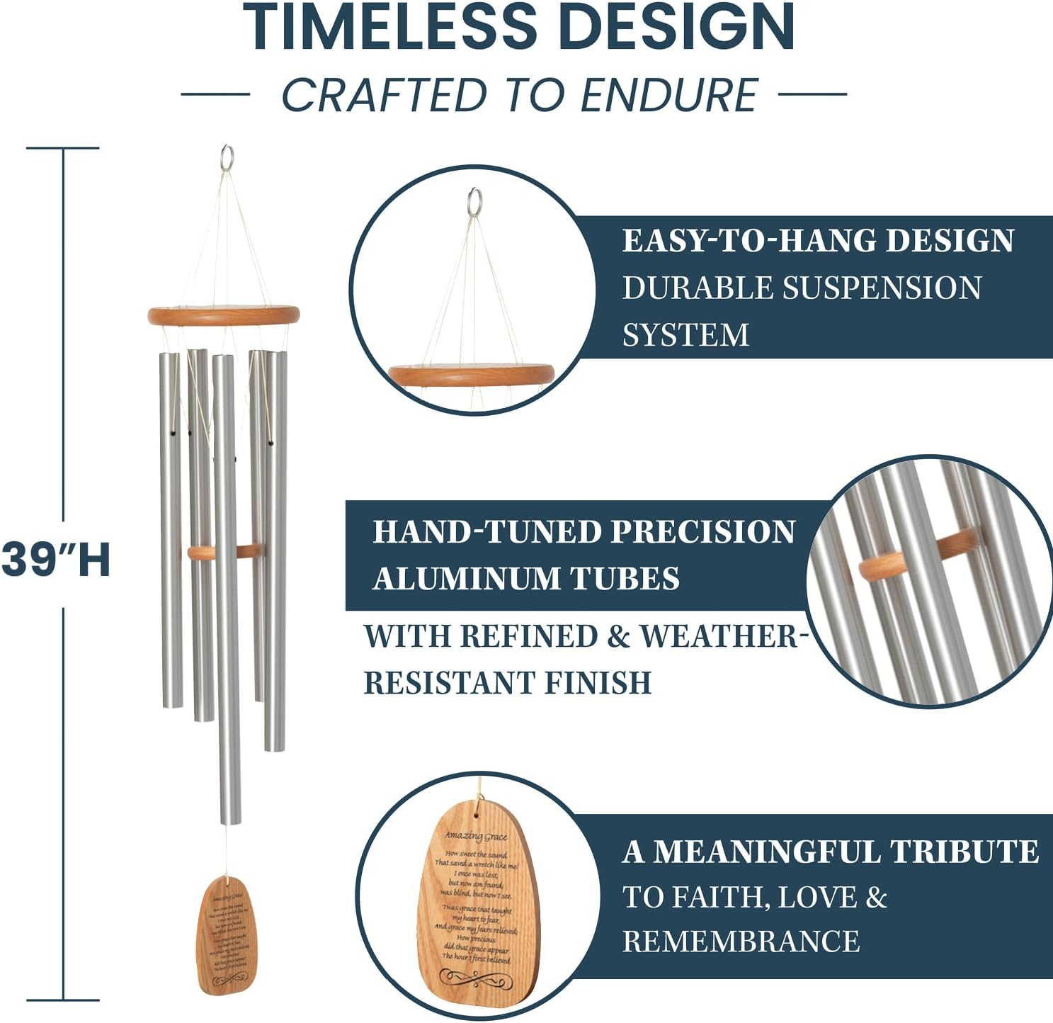 Woodstock Wind Chimes 39" Reflections Amazing Grace Large Windchime, Cherry Finish Ash Wood, 5 Silver Aluminum Tubes, Wind Chime Inspirational Windchime Tuned to Amazing Grace Hymn