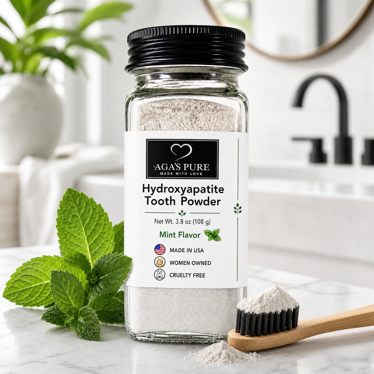 Aga's Pure Hydroxyapatite Tooth Powder, Mint Flavor, Made in USA, Cruelty Free, 3.8 oz