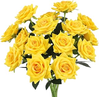 Floweroyal 15PCS Yellow Roses Artificial Flowers 4.33" Velvet Flowers with Long Stem Fake Roses for Valentine's Day, Wedding Bridal Bouquets, Floral Arrangement, Table Centerpieces, Home Decorations