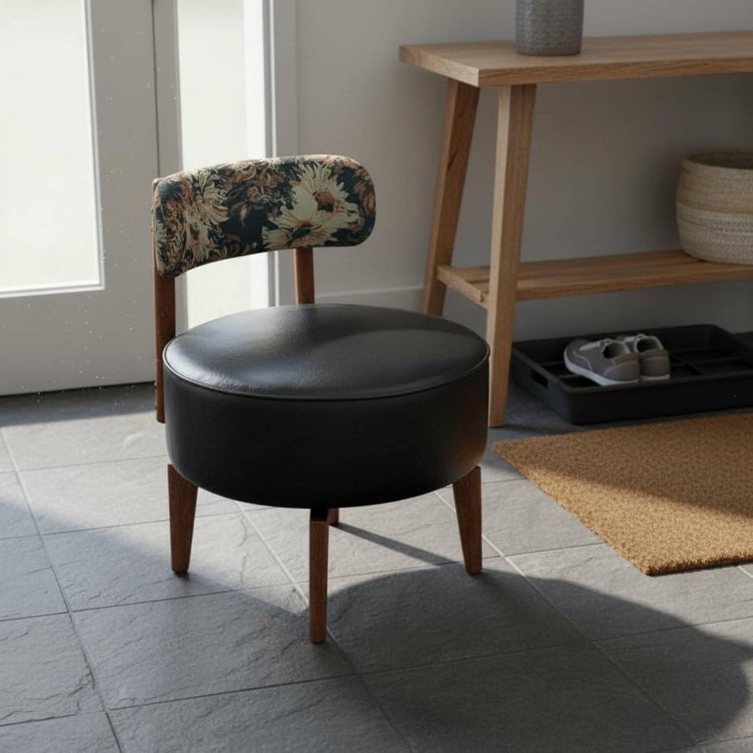 predolo Low Stool Solid Wood Legs Upholstered Short Stool Sturdy Construction Wooden Leg Makeup Bench for Kids, Entryway, Robot Stool