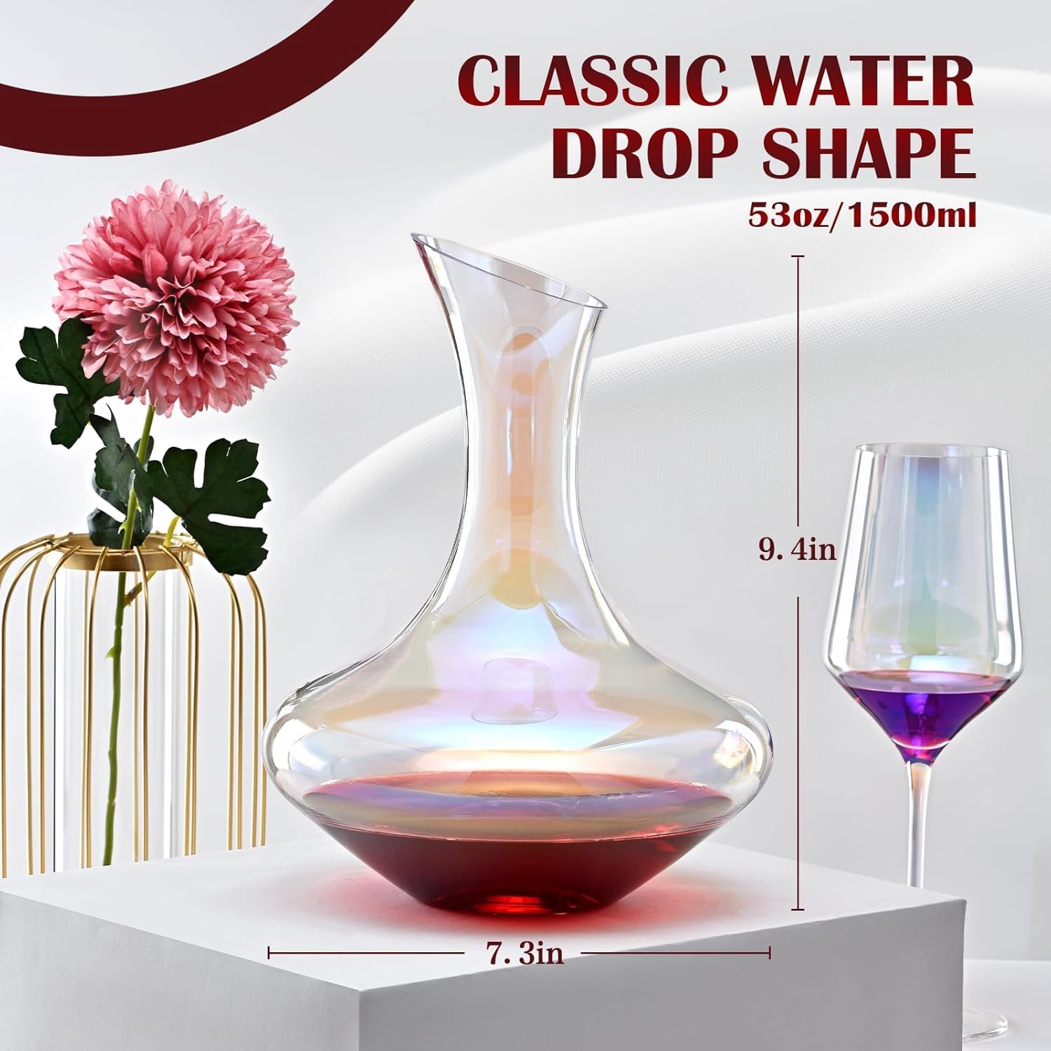 esmen Decantador de Vino Iridiscente de 1200 ml, Decantador de Jarra de Vino soplado a Mano, Accesorio de aireador de Vino de Cristal para Amantes del Vino Jarra para Vino