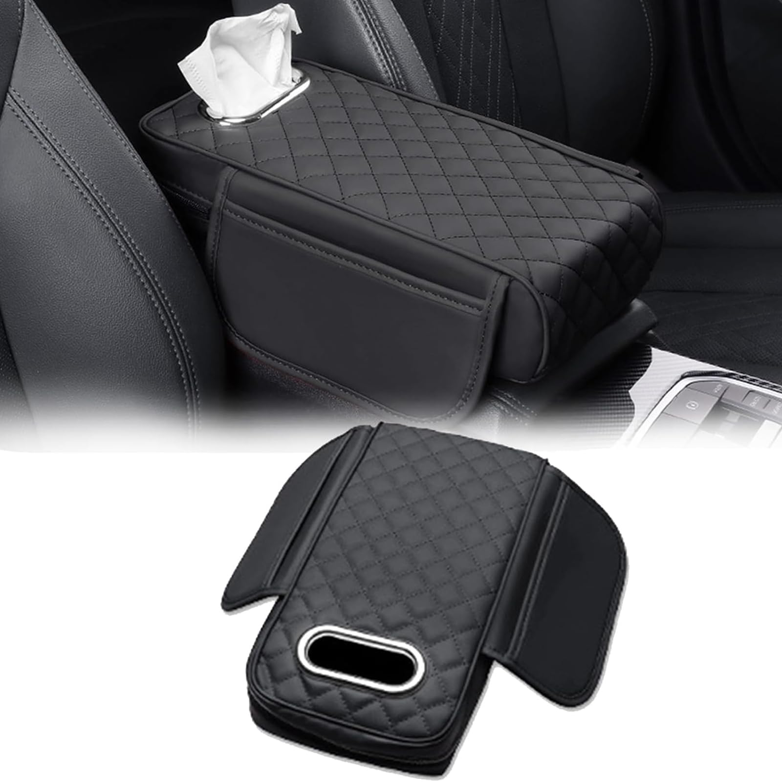 ZHAOYIJIE Leather Car Armrest Cushion for Porsche Boxster 987, Car Center Console Pad With Tissue Box and Side Pocket, Multifunctional Armrest Box Cover,A