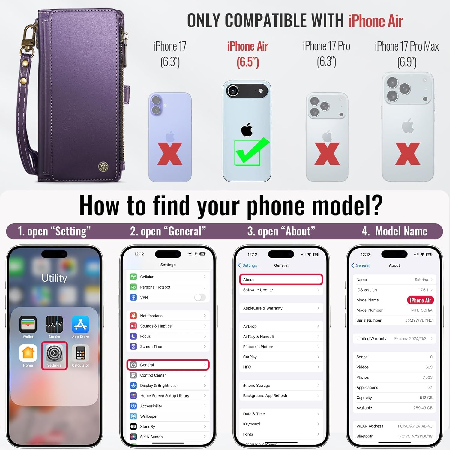 Defencase Compatible with iPhone Air Case Wallet with RFID Blocking Card Holder for Women Men, Fashion PU Leather Magnetic Snap Flip Zipper Strap Wallet Phone Case for iPhone 17 Air 6.5", Purple
