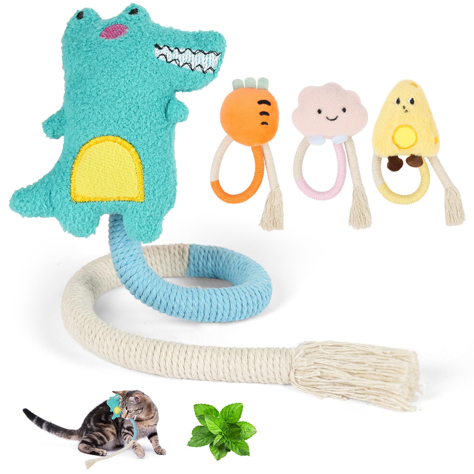 Jouet Chat, 4PCS Jouets Interactifs pour Chat, Corde à Taquiner pour Chat, Jouet De Dentition Chaton pour L'interaction Et Le Nettoyage des Dents