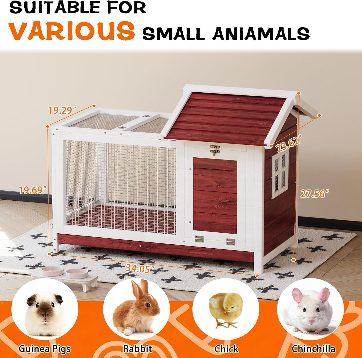 Wooden Rabbit Hutch with Ramp and Wheels, Indoor Outdoor Bunny Cage with Pull Out Tray, Weatherproof Rabbit House for Small Animals - Rufous White