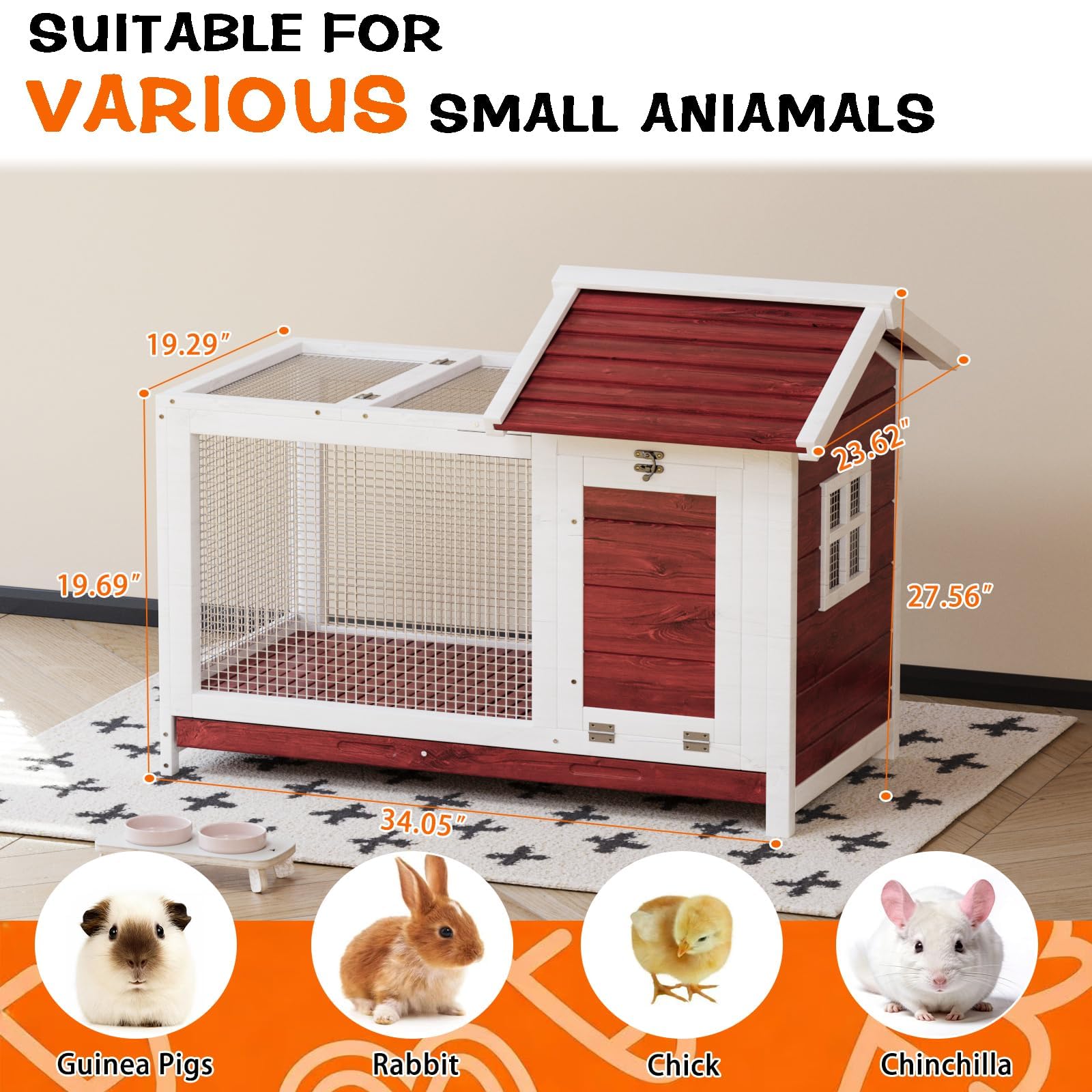 Gabbia per piccoli animali in legno – 2 piani resistente alle intemperie – Tetto impermeabile – Vassoio estraibile – Rete musicale rimovibile – Rampe anti-morso – Per conigli, galline,