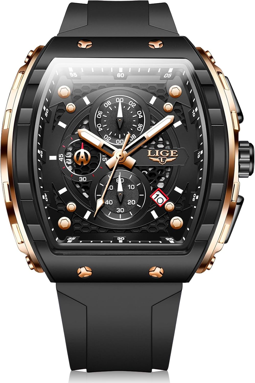 SACOSDING Mens Watches,Unique Rectangular Quartz Analog Watch,Outdoor Sports Multi-Function Watch,Chronograph/Waterproof/Luminous/Calendar,Durable Silicone Strap Mens Casual Watches