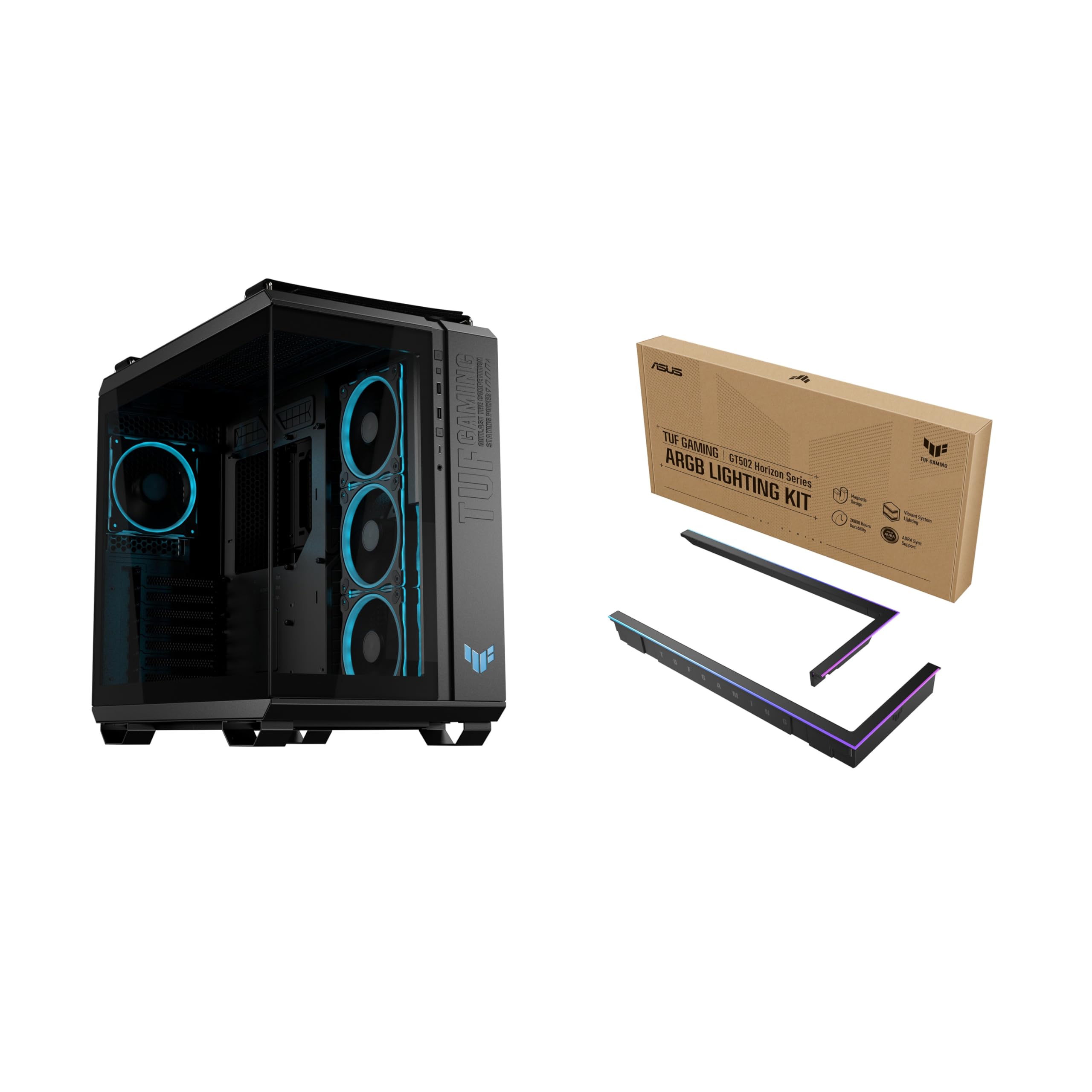 ASUS TUF GAMING GT502 HORIZON TG ARGB, Chassis a Doppia Camera con Design Panoramico e Pannello in Vetro + TUF GAMING GT502 HORIZON ARGB LIGHTING KIT, Kit di Illuminazione, Nero