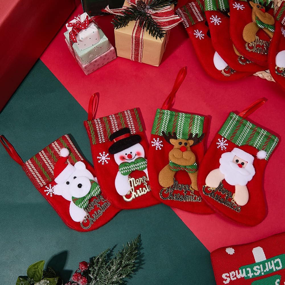 4 Styles 12Pcs Mini Christmas Stockings Christmas Hanging Stockings Bulk 3D Plush Santa Snowman Reindeer Bear Decorations for Home Decorations Tree Ornaments Party Favor Supplies Gift Holder