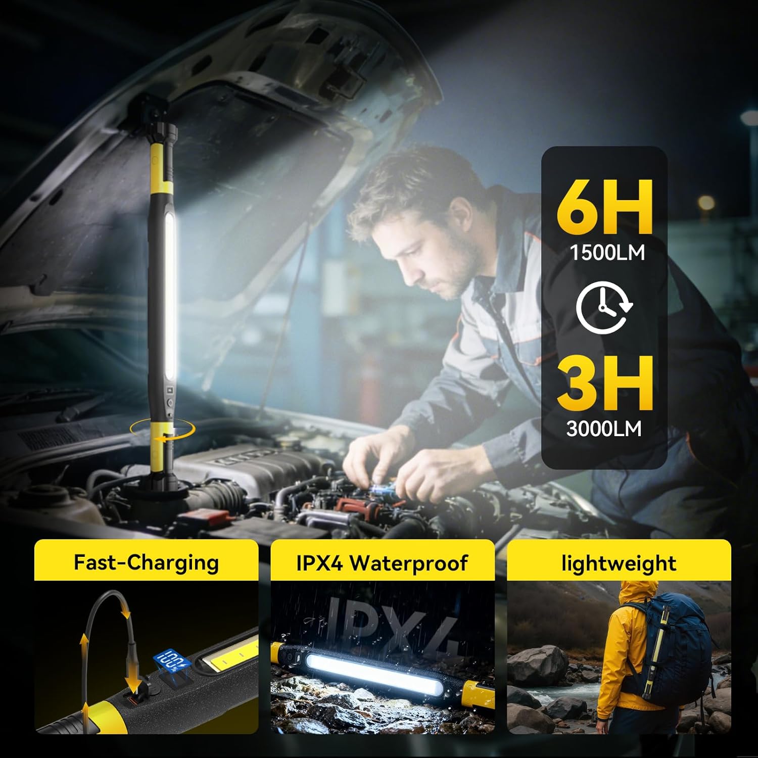 AlpsWolf Magnetic Rechargeable Work Light - 3000LM LED Light Bar, 5200mAh Underhood Light with 360°Rotatable Hook and Clip, 3 Brightness Modes for Car Repair, Workshop, Emergency (1PC)