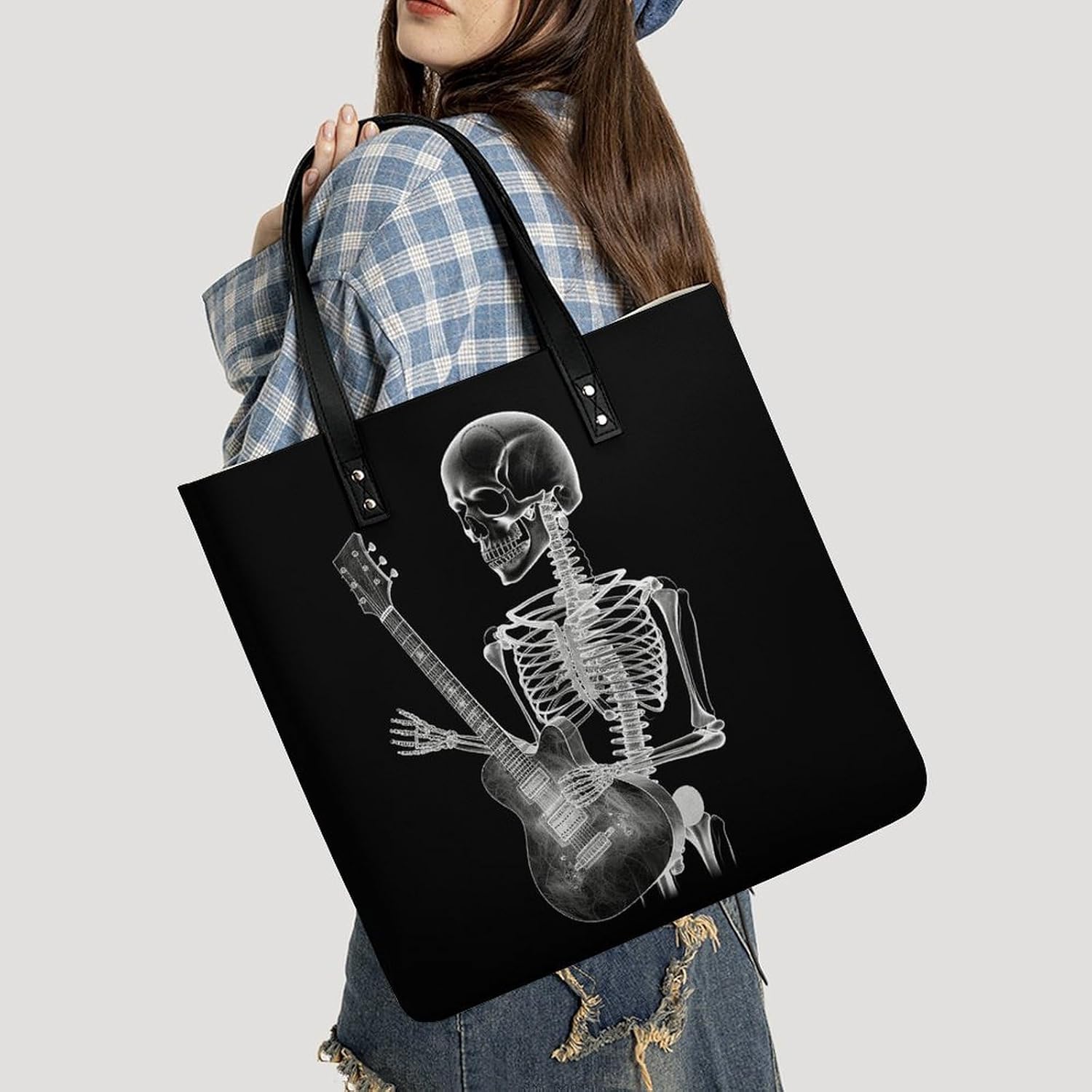 Skull Skeleton Playing Guitar Tote Bag with Magnetic Buckle Reusable Grocery Bags Lightweight Cross Body Handbag for Daily Essentials