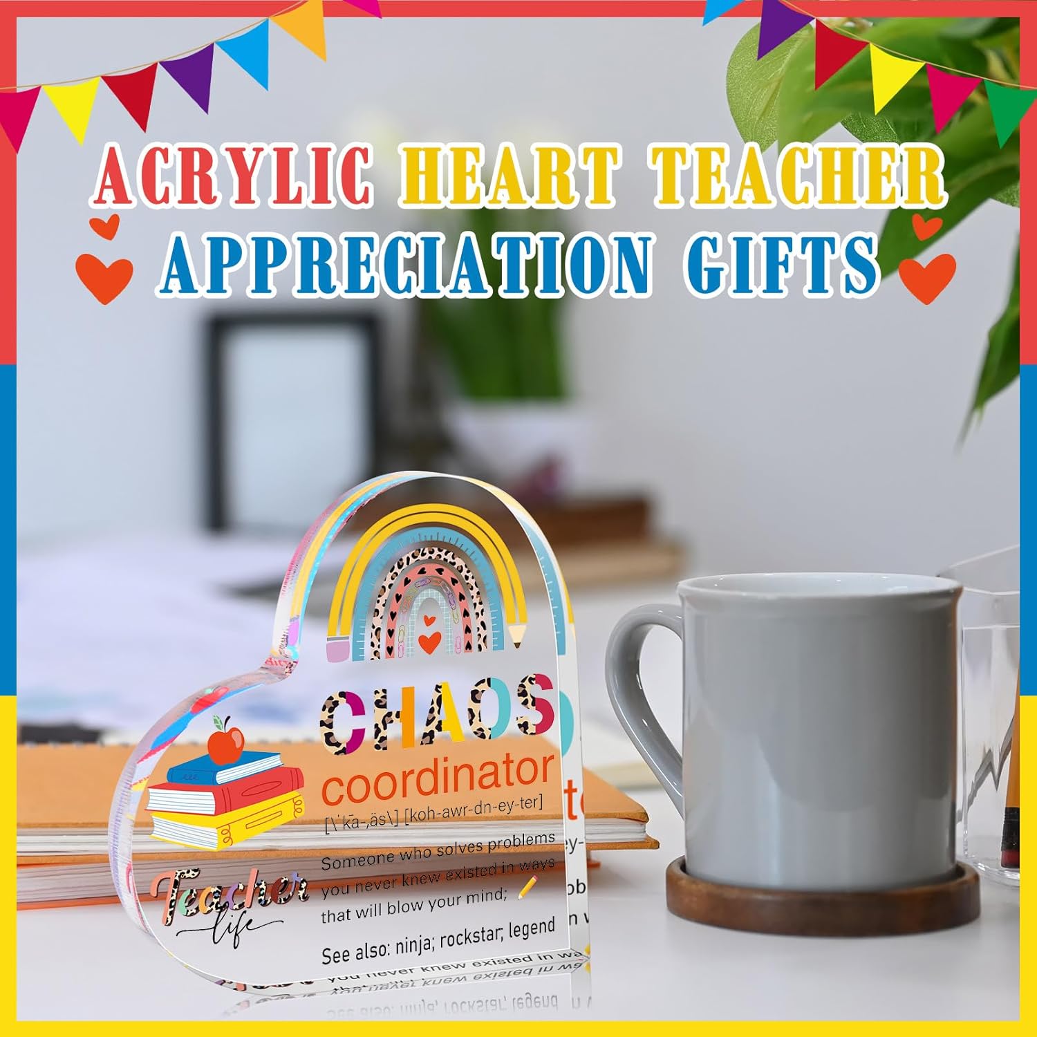 Yookeer Teacher Appreciation Gifts - 4 Inch Heart-Shaped Acrylic Paperweight - Chaos Coordinator, Meaningful Teacher Gift Birthday Teachers' Day Thank You Keepsake