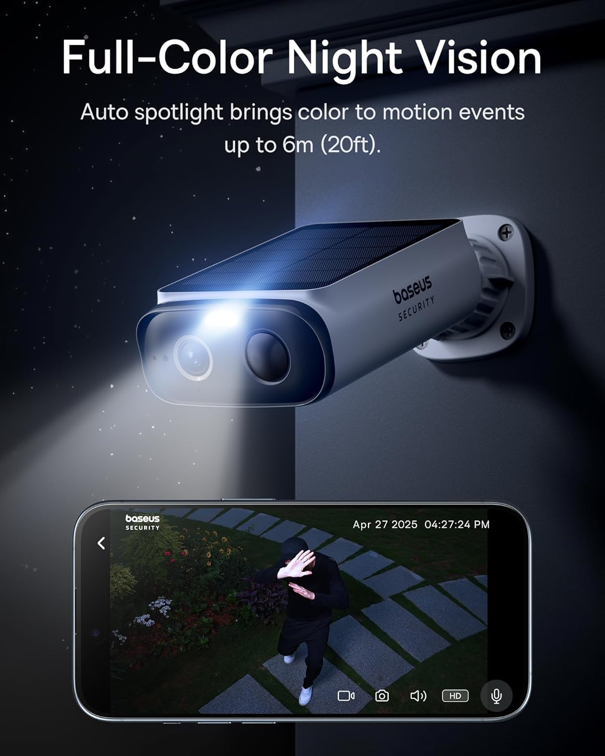 Baseus S1 Lite camera with spotlight active at night, showing a person in full color.