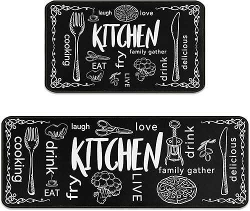 Juego de 2 tapetes de cocina negros para cocina, antideslizantes, impermeables, de pie, de 17 x 30 pulgadas + 17 x 47 pulgadas