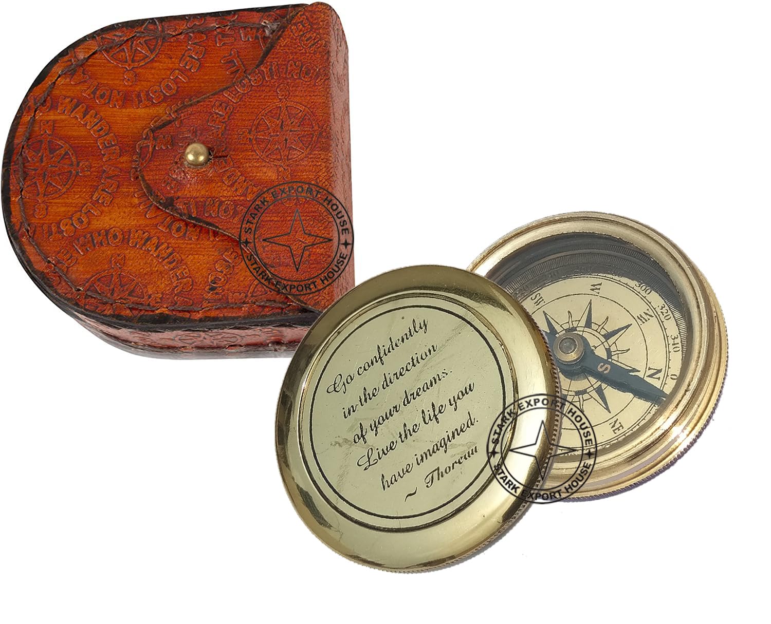 Brass 2" Inch Compass with Leather Box Sundial Compass Great Gift Item (JKHN)-image-0