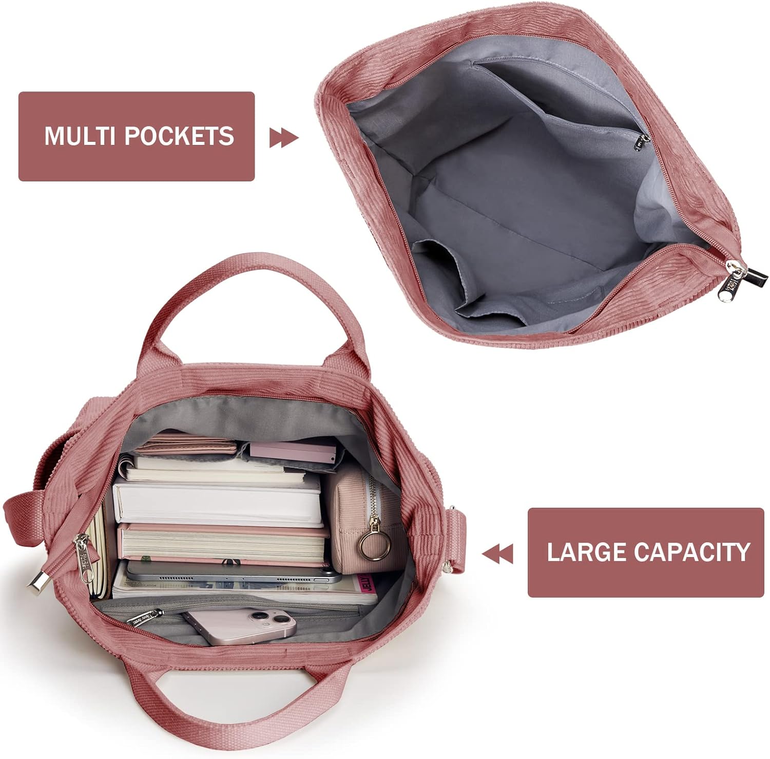 KALIDI Corduroy Tote Bag, Large Messenger Bag Shoulder Hobo Anti Splash Crossbody Zipper Bag Casual Work Shopping Women - Image 5