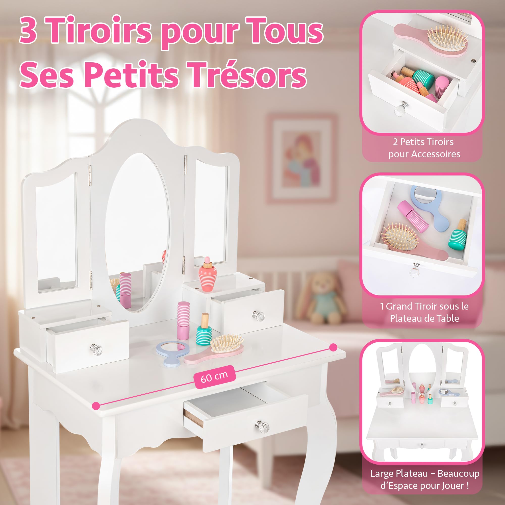 Green series Kinderplay Grande Coiffeuse en Bois pour Fille avec Miroir – Coiffeuse Blanche pour Enfants