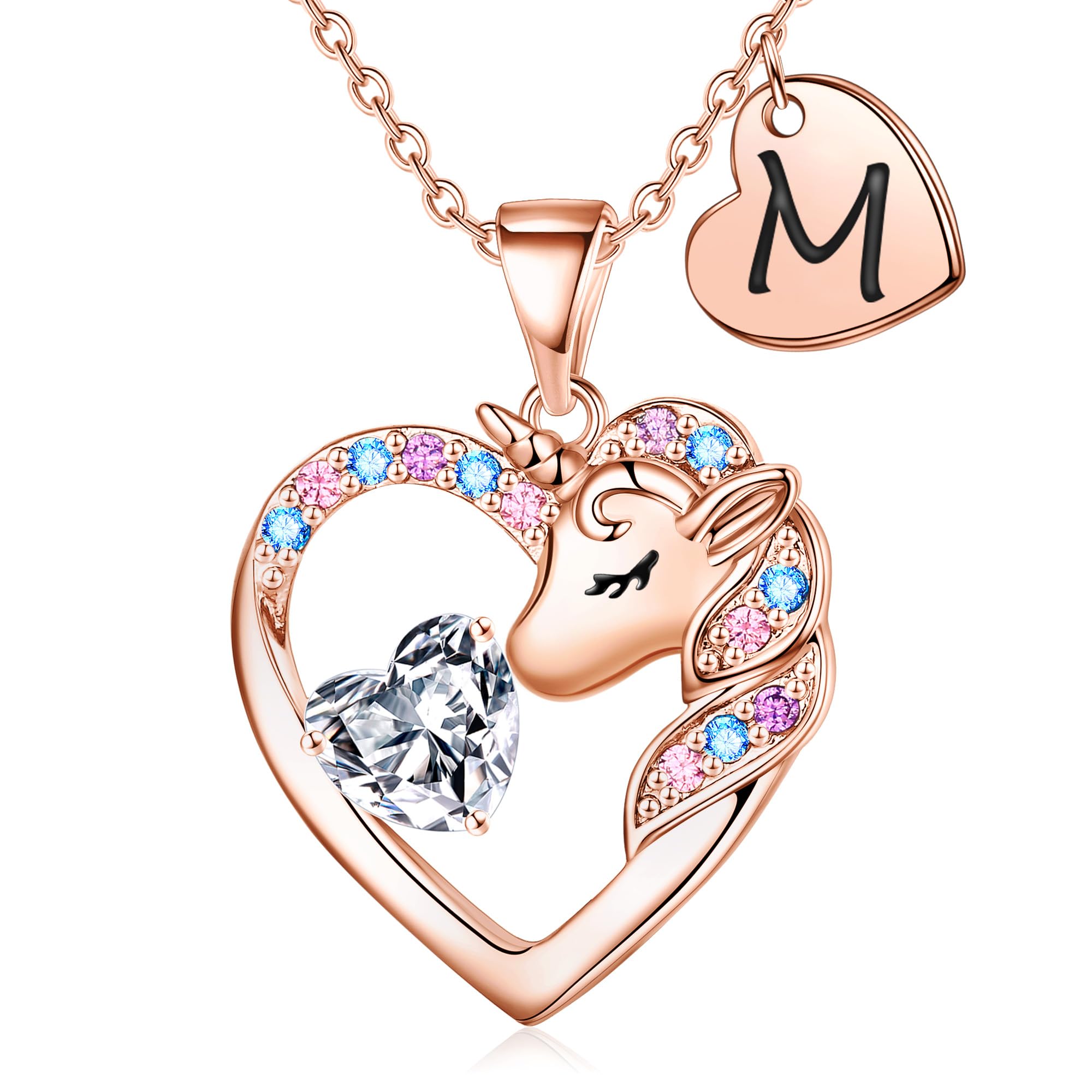 TINGN Cadeau licorne pour fille - Collier licorne pour fille - Plaqué or 14 carats - Collier avec pendentif en forme de cœur avec lettres - Cadeau d'anniversaire pour fille