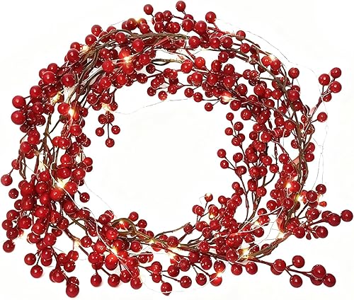 Miniatura 11 de RECUTMS Guirnalda de bayas rojas para decoración de Navidad, guirnalda navideña de 5.9 pies, guirnaldas de bayas artificiales con tallos flexibles