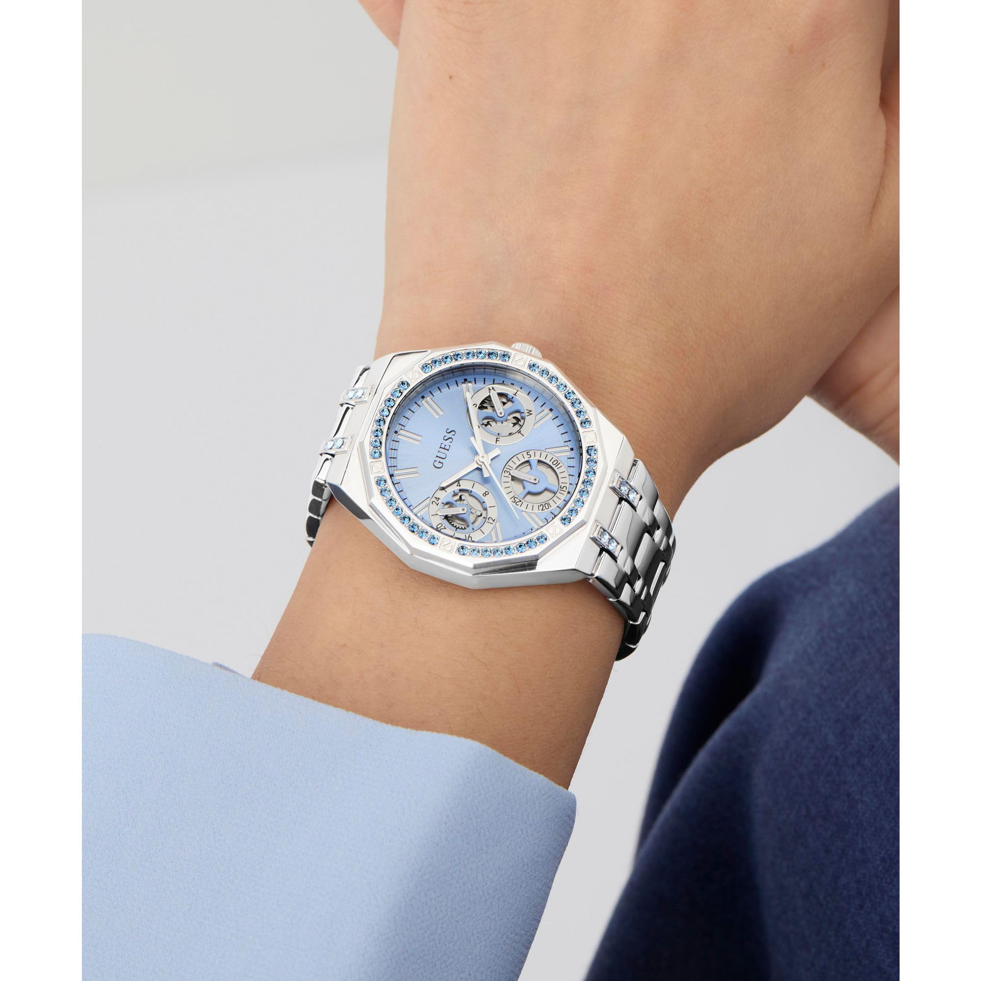 Guess Quinn GW1009L1 - Reloj de Pulsera para Mujer (Acero Inoxidable, 36 mm, Correa de Acero Inoxidable, 5 Bares), Color Azul