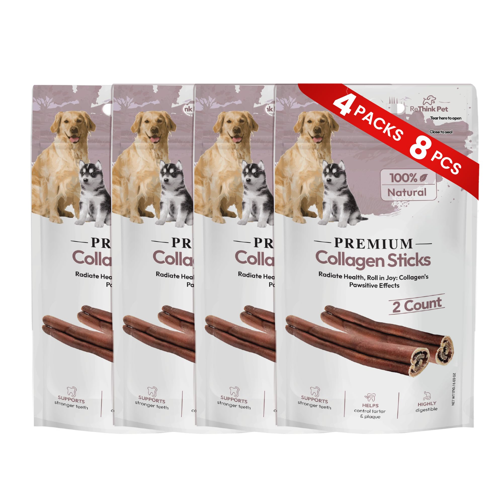 ReThink Pet 8 Pieces of Premium Collagen Sticks for Dogs, All Natural Dog Collagen Sticks, Great Tasting to Support Healthy Skin & Shiny Coats, Highly