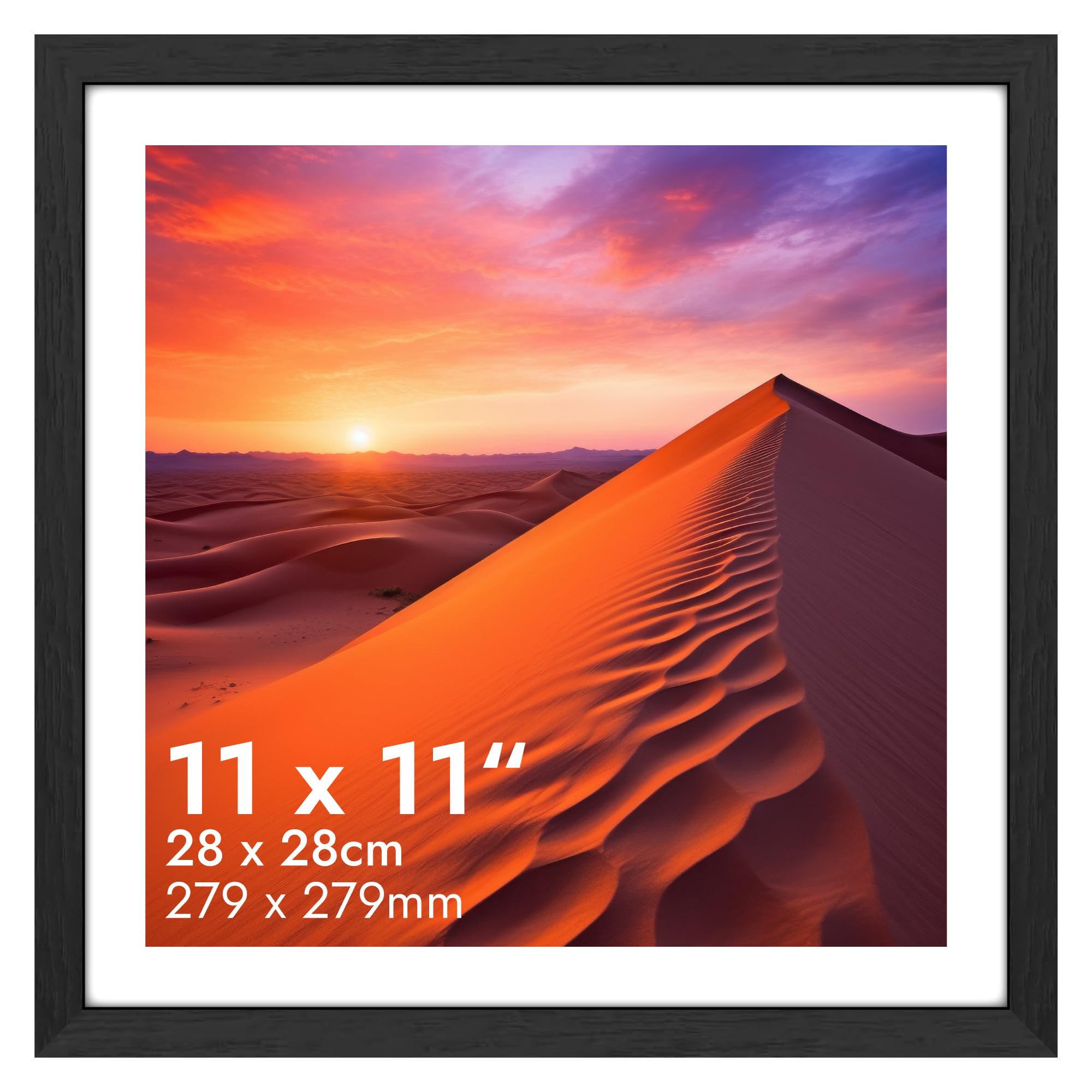 HNK Black Square Picture Frames 11x11 Inches Solid Wood and Shatterproof Perspex, (28x28cm) Photo Frame Dual Orientation Landscape or Portrait, Square Frame Wall Hanging Display Photos, Poster