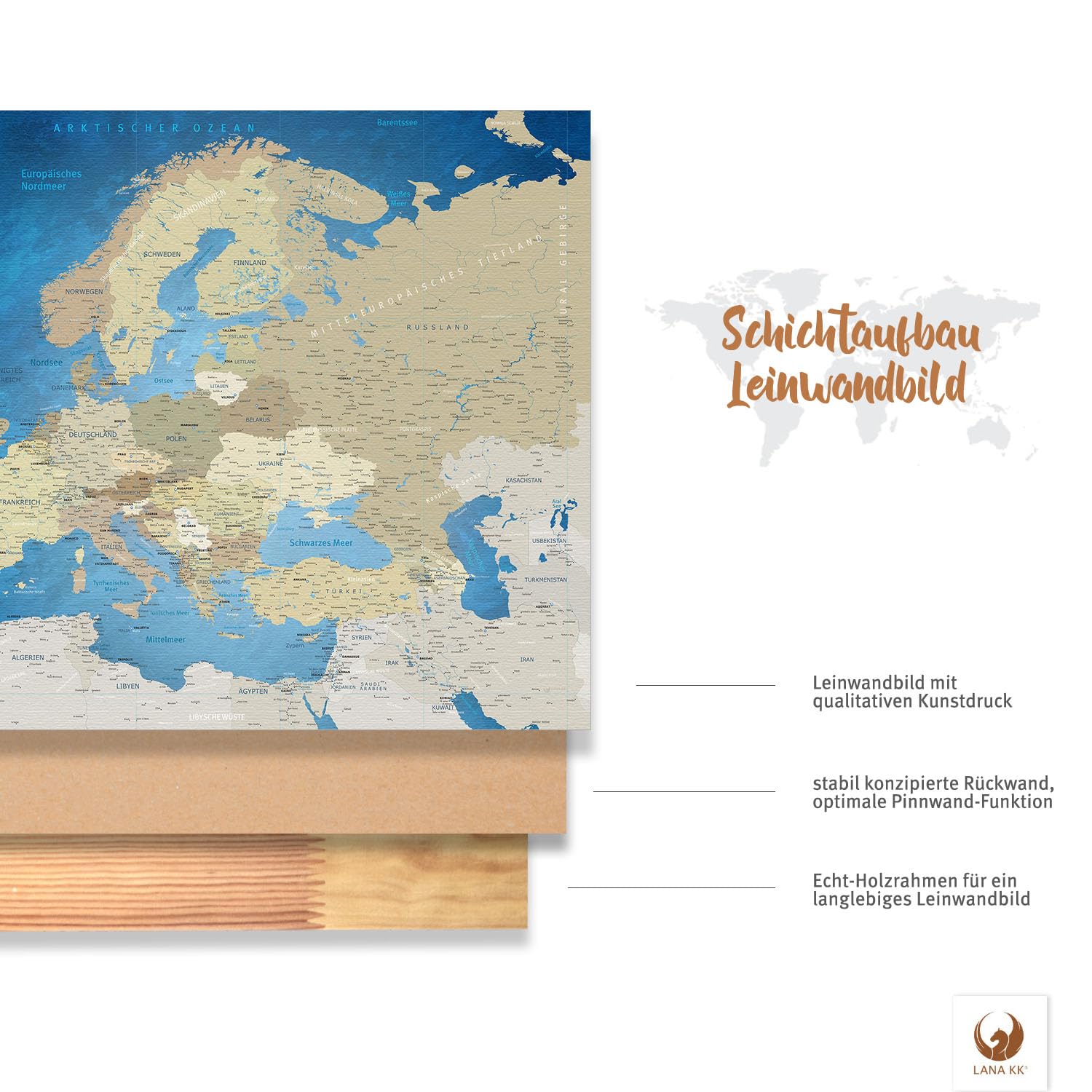 LANA KK - Premium Pinnwand Europakarte - Meerestiefe - Deutsch - in 80 x 60 cm, stabile Rückwand zum Pinnen inkl. Starterkit - Leinwand-Kunstdruck Wandbild Landkarte XXL