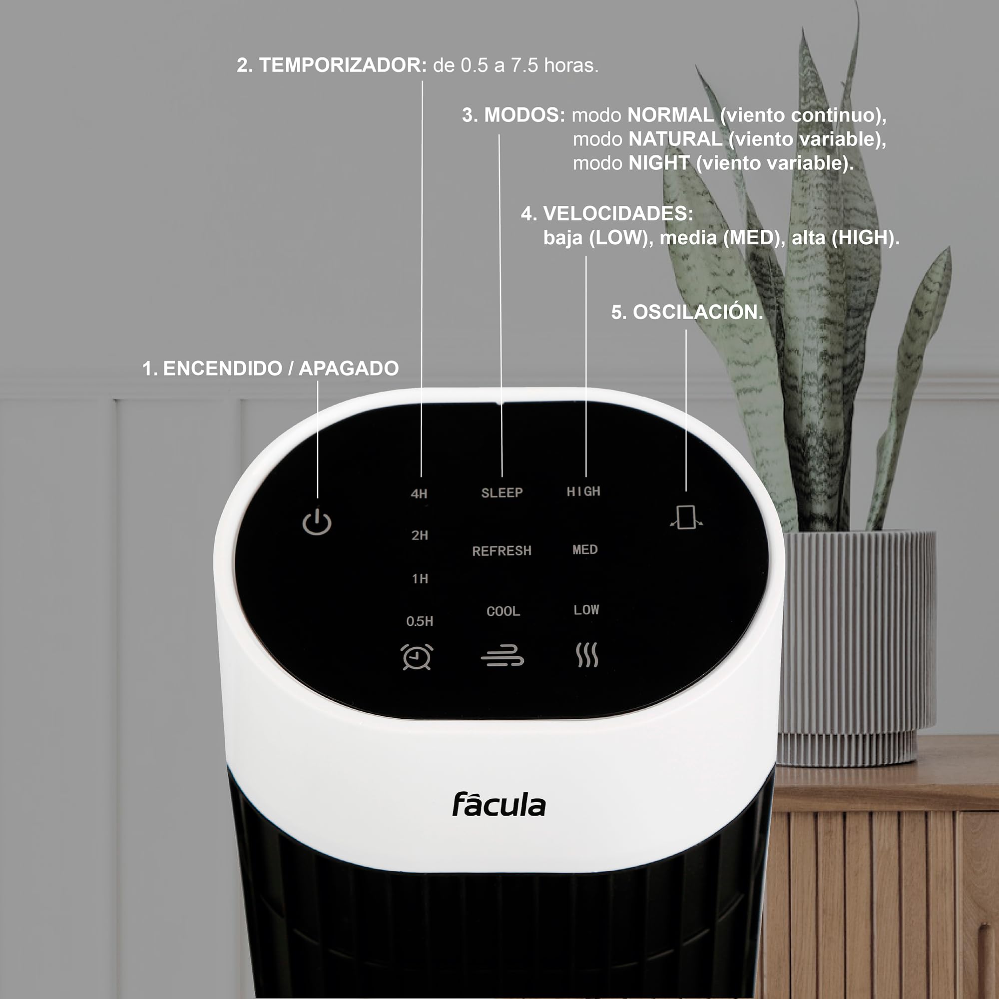 facula - Ventilador de Torre Digital Oscilante Rok 45w | 3 modos | 3 velocidades | Temporizador | Mando a distancia