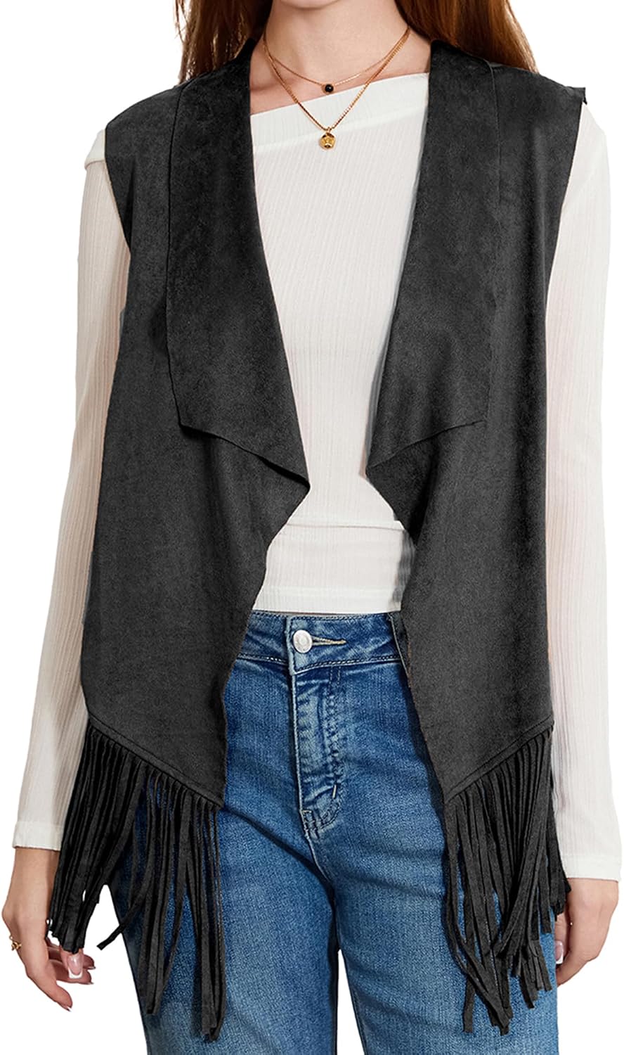 Women Tassel Vest 70s Hippie Costume Sleeveless Fringe Waistcoat Open Front Boho Western Outerwear