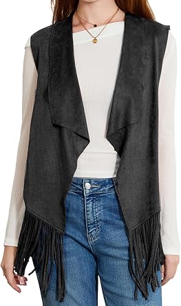 Women Tassel Vest 70s Hippie Costume Sleeveless Fringe Waistcoat Open Front Boho Western Outerwear