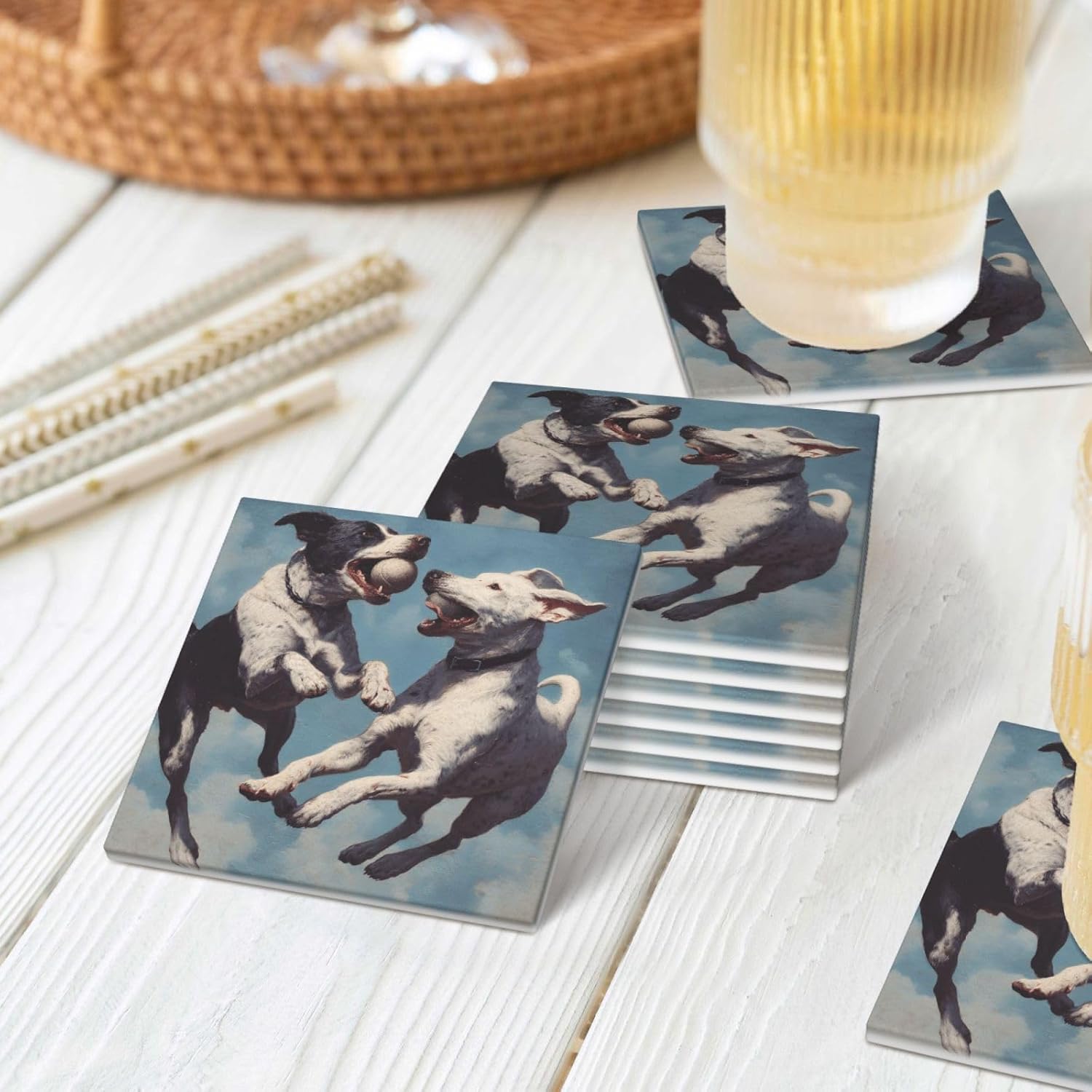 (Dogs Playing) Ceramic Coasters Set of 6 with Holder Non-Slip Square Coffee Coasters for for Cup Mug Drink Patio Coffee Table Decor, Christmas Coasters Home Bar Supplies