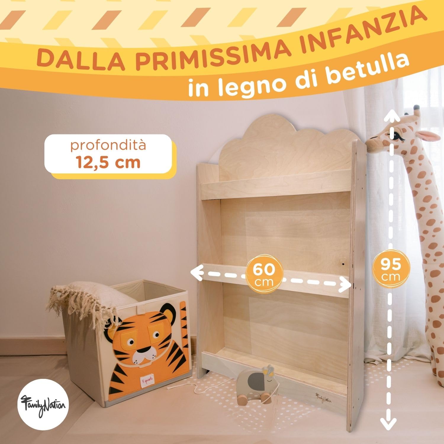 Family Nation, Libreria Frontale Montessoriana Cloud per Bambini, Ideale per Contenere e Organizzare Libri, Solida Struttura in Legno, Natural, 95x60x12,5cm