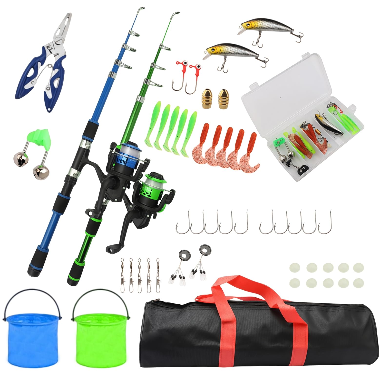 Juego de pesca para niños, 2 cañas telescópicas de 1,8 m con carrete, cebo y bolsa de transporte, juego de iniciación para niños de 3 a 10 años