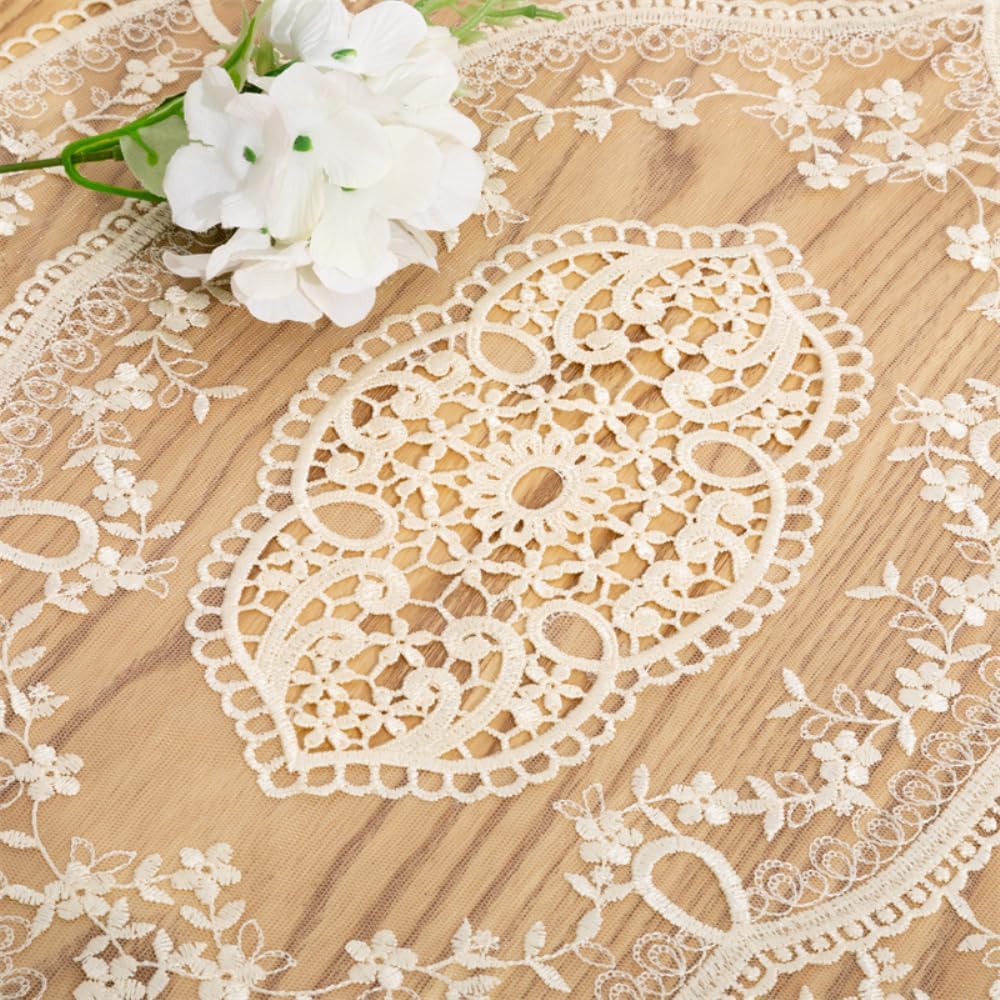 Lace Embroidery Tablecloth, Oval Table Runner, Embroidered, Vintage Flower Pattern Doily, Boho Table Runner for Wedding, Party, Dining Table Decor, Beige, 40 x 90 cm
