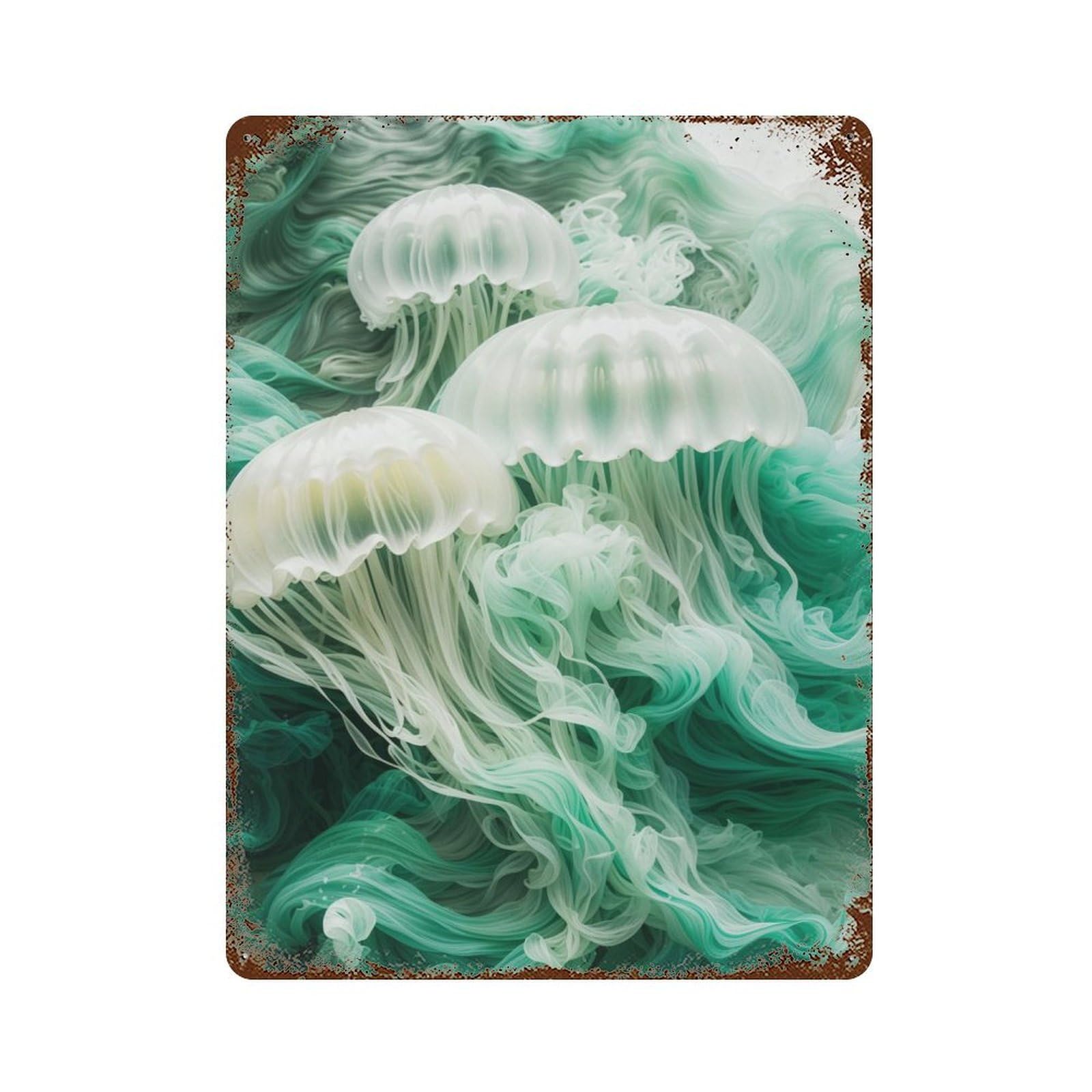 Distressed Metal Wall Sign Smoky Ethereal Jellyfish 15.7"x11.8", Vintage Wall Decor for Garage, Bar And Workshop Decor