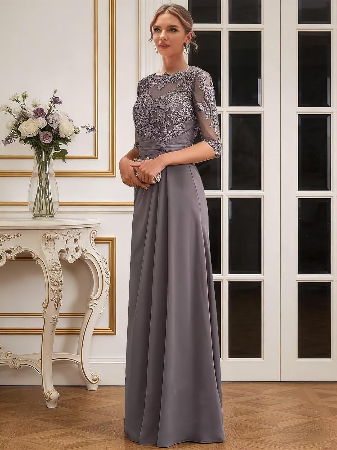 Mother of The Bride Dresses Chiffon Lace Applique Wedding Guest Dresses for Women Ruched Long Formal Evening Gown