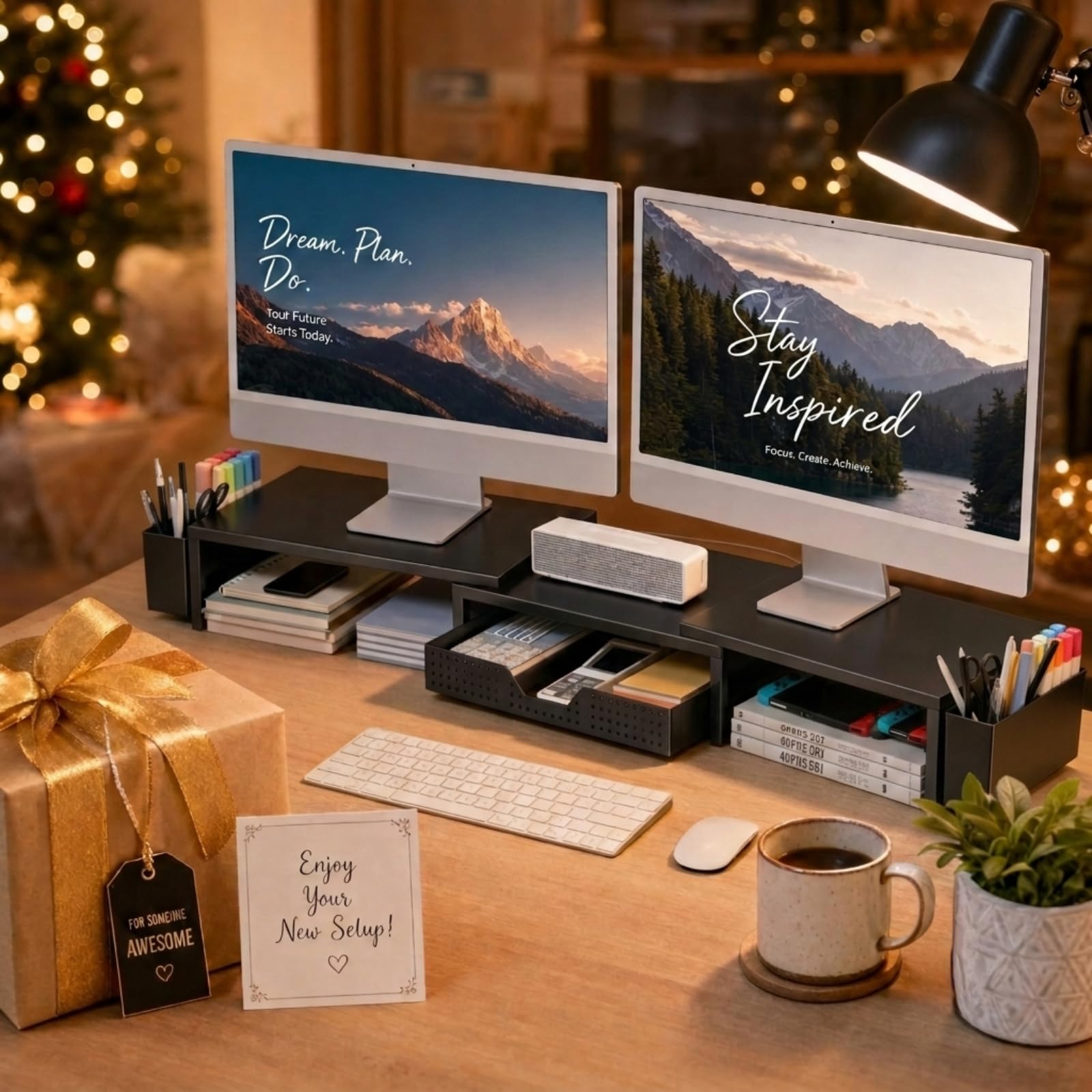 OPNICE Supporto per monitor del computer a 2 livelli con cassetto, organizer e accessori da scrivania, accessori per scrivania da ufficio, accessori per monitor del computer, organizer da scrivania