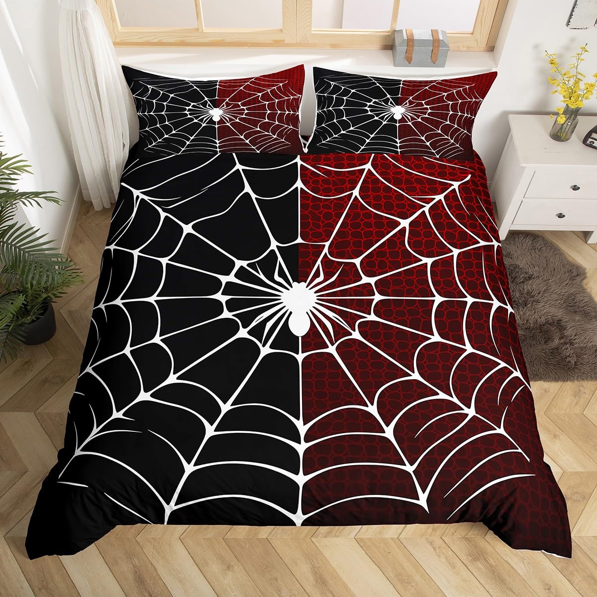 feelingyou White Spider Kids Duvet Cover Double Size,Black and Red Comforter Cover for Kids Teens Adults Bedroom Decor,Halloween Theme Soft Polyester Bedding Set 2 Pillowcases,No Comforter