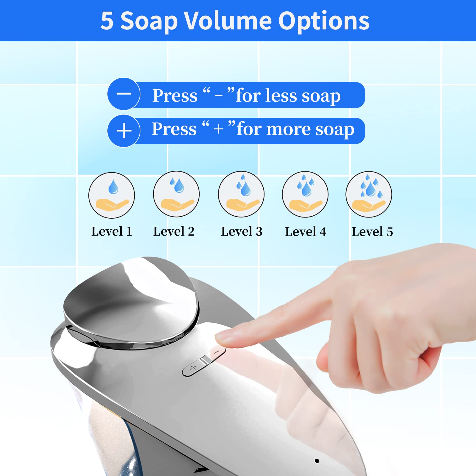FKWin Dispenser Automatico Sapone Senza Contatto – 500 Ml, 5 Livelli Regolabili, Argento