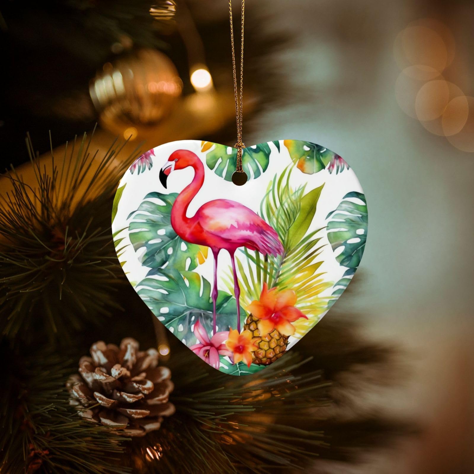 Christmas Ornaments for Christmas Tree Decoration Hanging Pineapple Flamingo Ornament with Gold Ribbon Crafts Heart Shape Ceramic Pendant for Keepsake Gifts Xmas Decor Party Supplies
