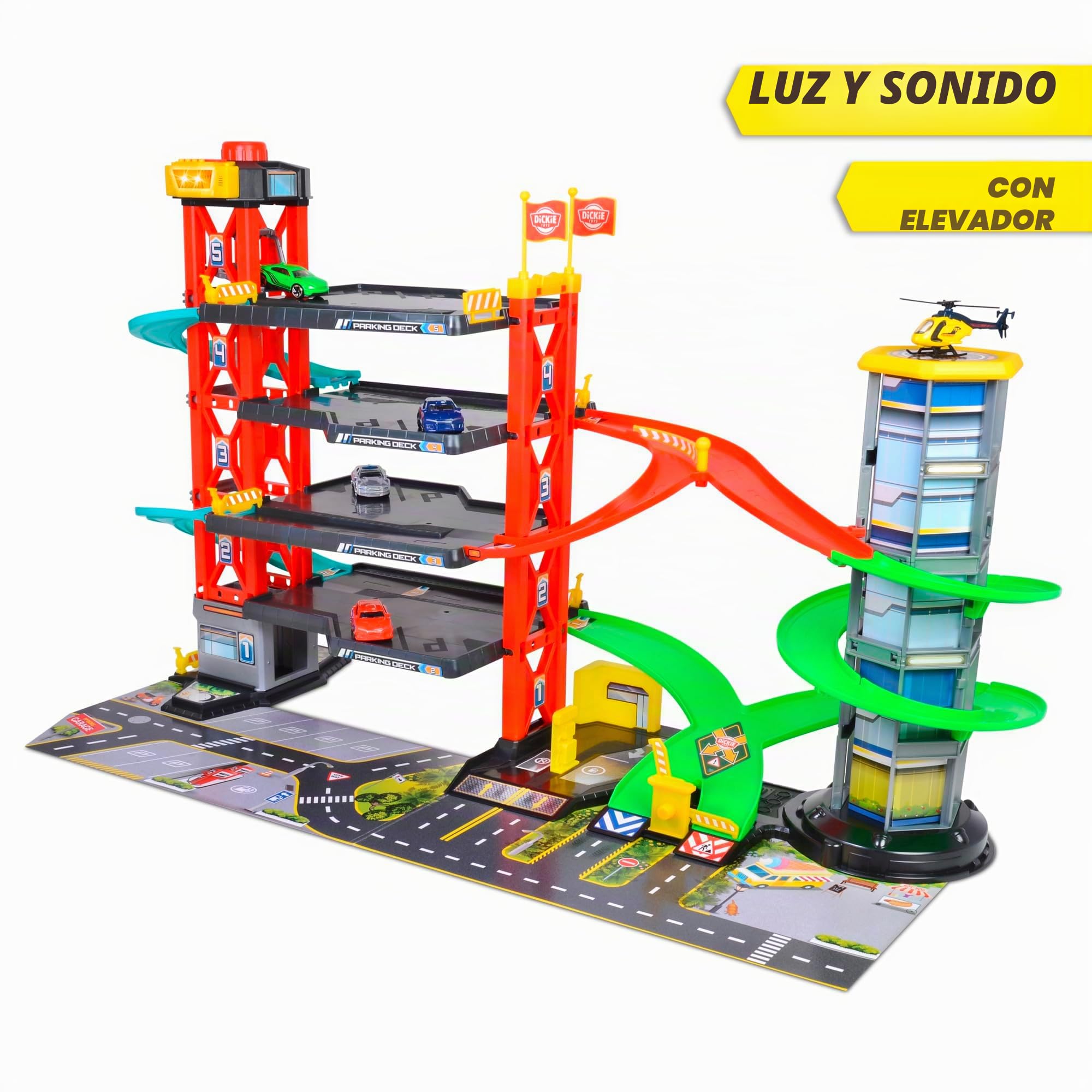 Dickie Toys - Aparcamiento de 4 Plantas para niños a Partir de 3 años (87 x 52 cm) con Accesorios - Gran Garaje de Juguetes en 5 Niveles con Ascensor, Pista de Carreras, Coches de Juguete,