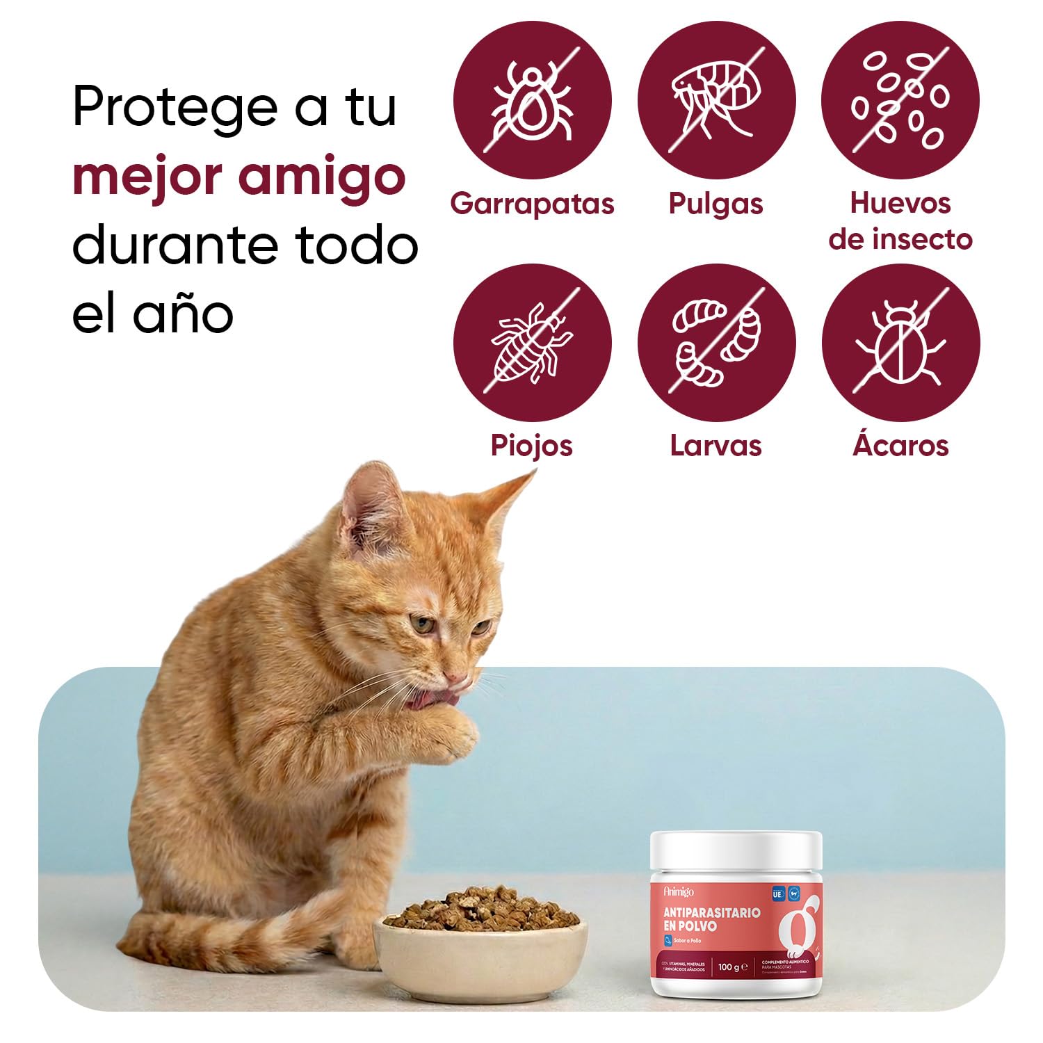 animigo Antiparasitario en Polvo para Gatos 100g Sabor Pollo - Protección Natural Antipulgas y Antigarrapatas Muy Fácil de Suministrar Formulado con Ingredientes Naturales, Vitaminas Grupo B y Zinc