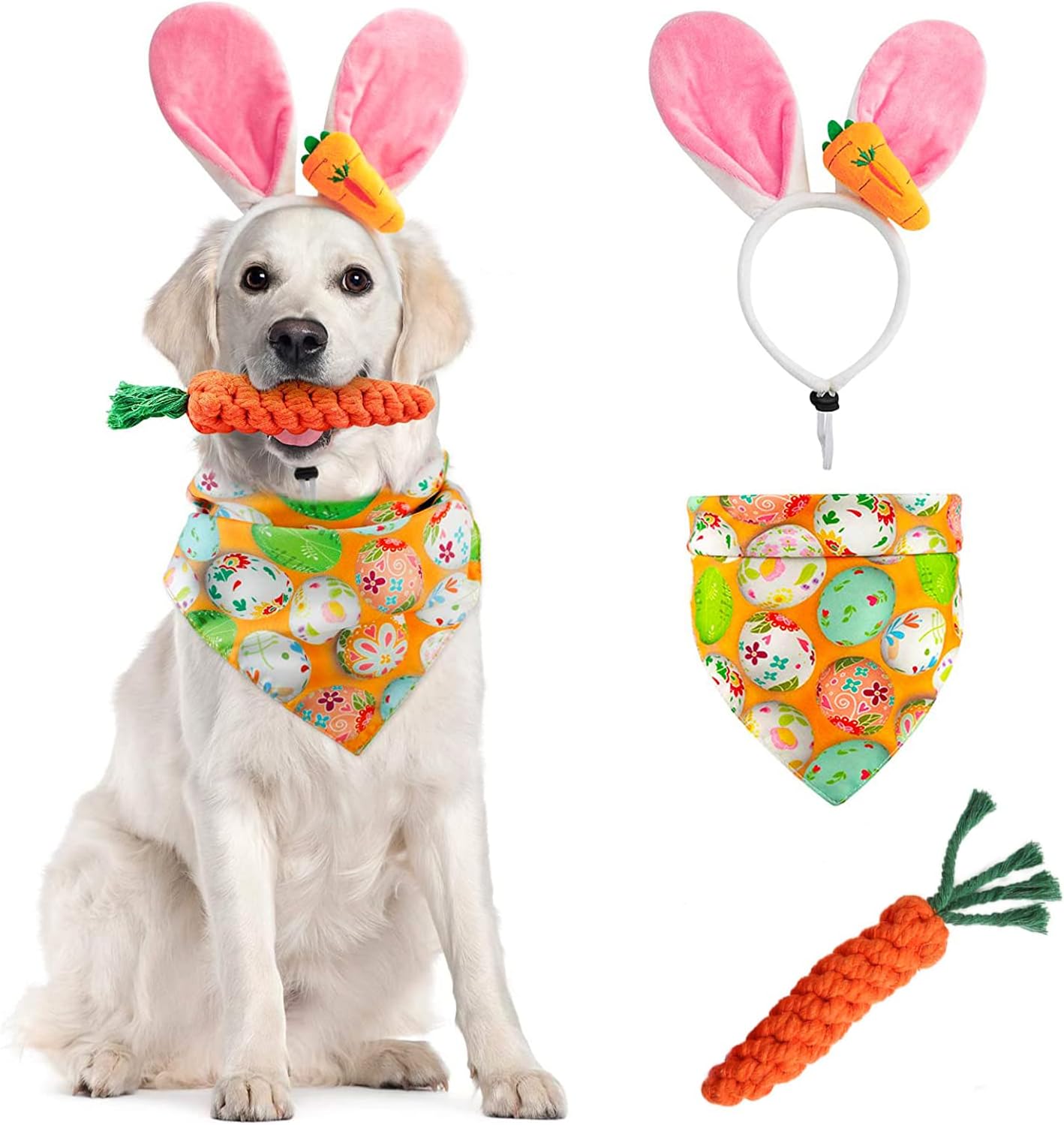Dog Easter Costume Cute Bunny Ears Headband Easter Eggs Bandana Puppy Funny Rabbit Carrot Chew Toys 3Pcs Easter Party Gifts Medium Large Dog Easter Outfit Clothes Accessories (No LED, Pink)