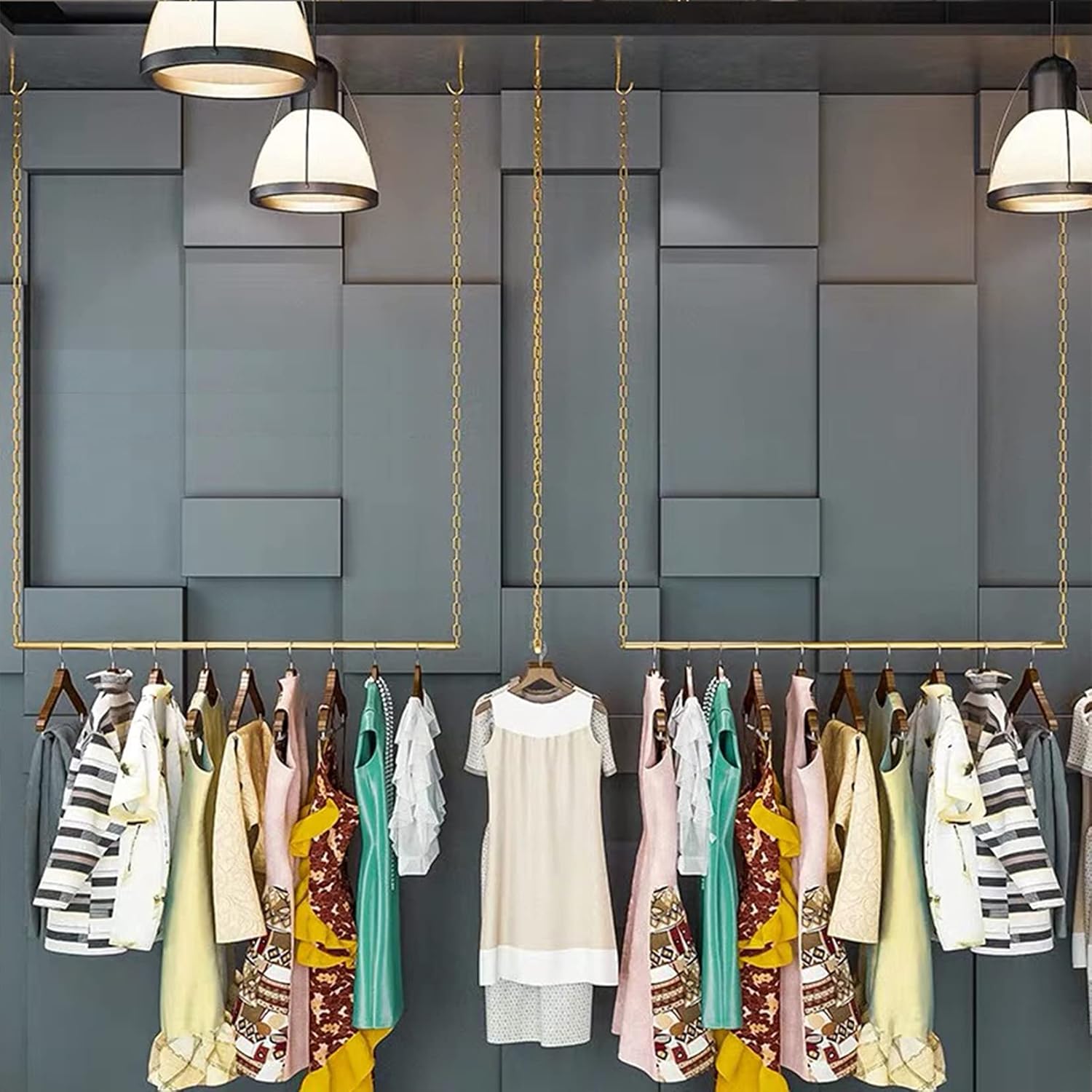 2 Pcs Height Adjustable Metal Chain Clothing Hanging Racks,Creative Commercial Wedding Dress Display Shelf,Retail Store Metal Garment Rack,Ceiling Mount Clothes Storage Hanger (Gold, 35.5" L)