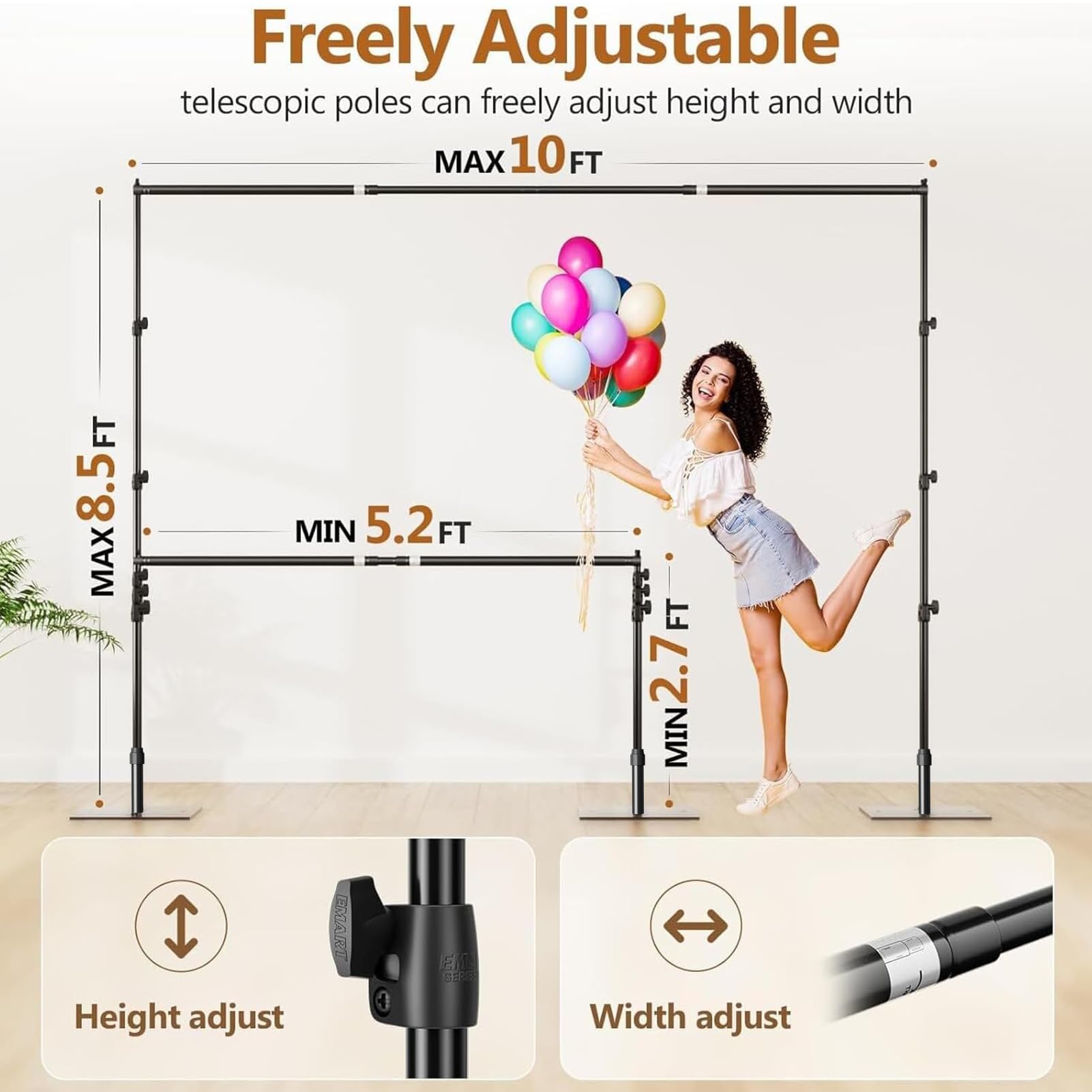 EMART Supporto per Fotografie Fondali Pesanti, 2,6x3 m Sistema Supporti per Sfondi Regolabile con Base in Acciaio Fotografia per Fotografici per Feste, Compleanni - Nero