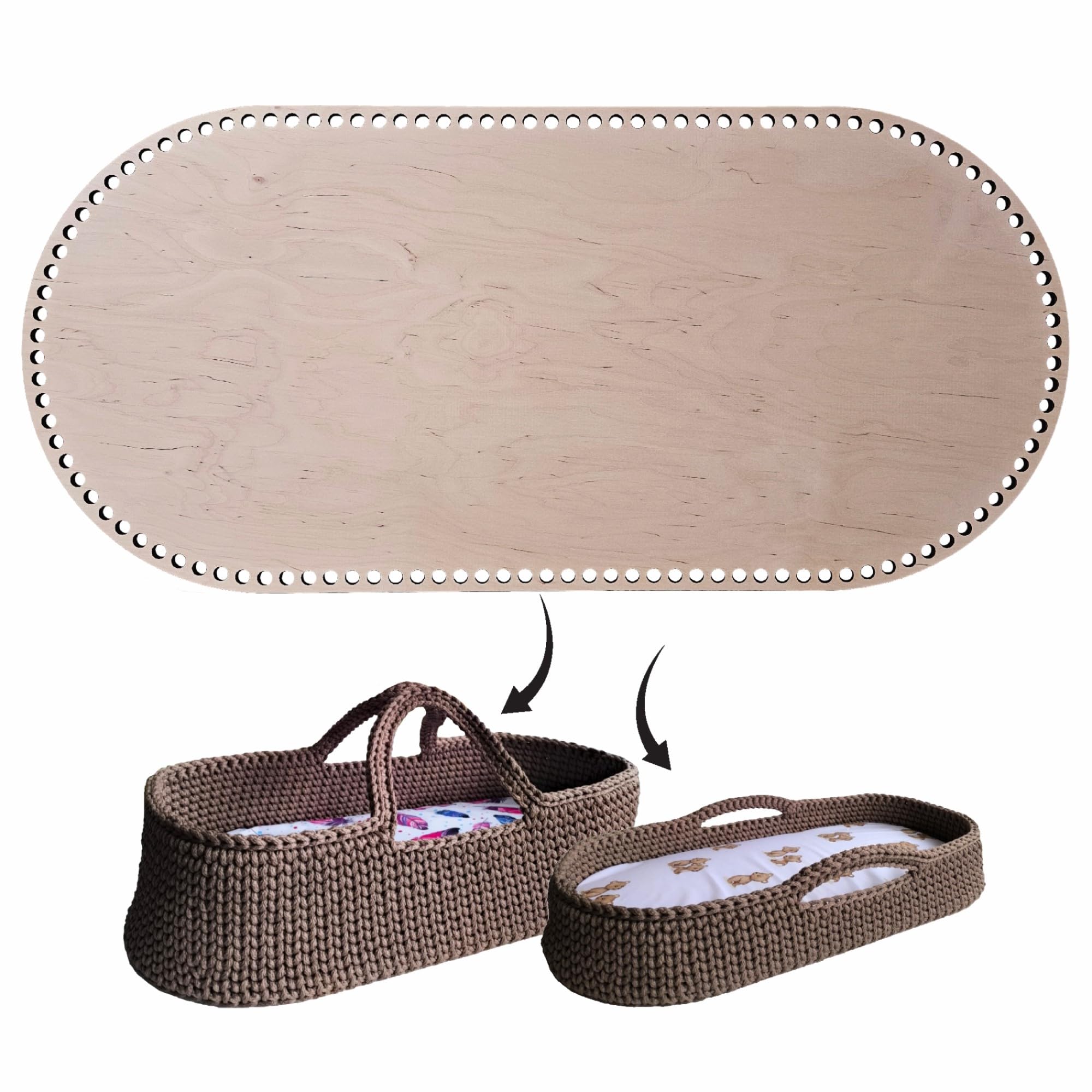 YourHobbyTools Oval Wooden Moses Basket Base, Cradle Base for Crochet, 12 mm Holes, 70 x 35 cm