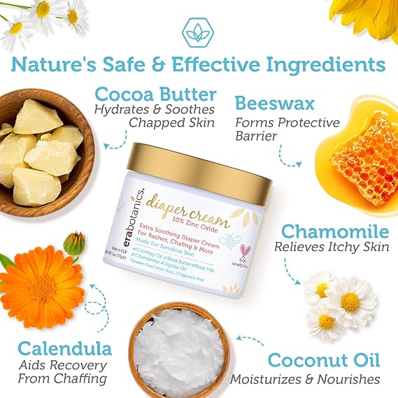 Era Organics Diaper Rash Cream For Baby - Extra Soothing and Moisturizing with Zinc Oxide, Organic Aloe Vera, Chamomile, Calendula Plus More - Gentle Butt Rash Moisturizer