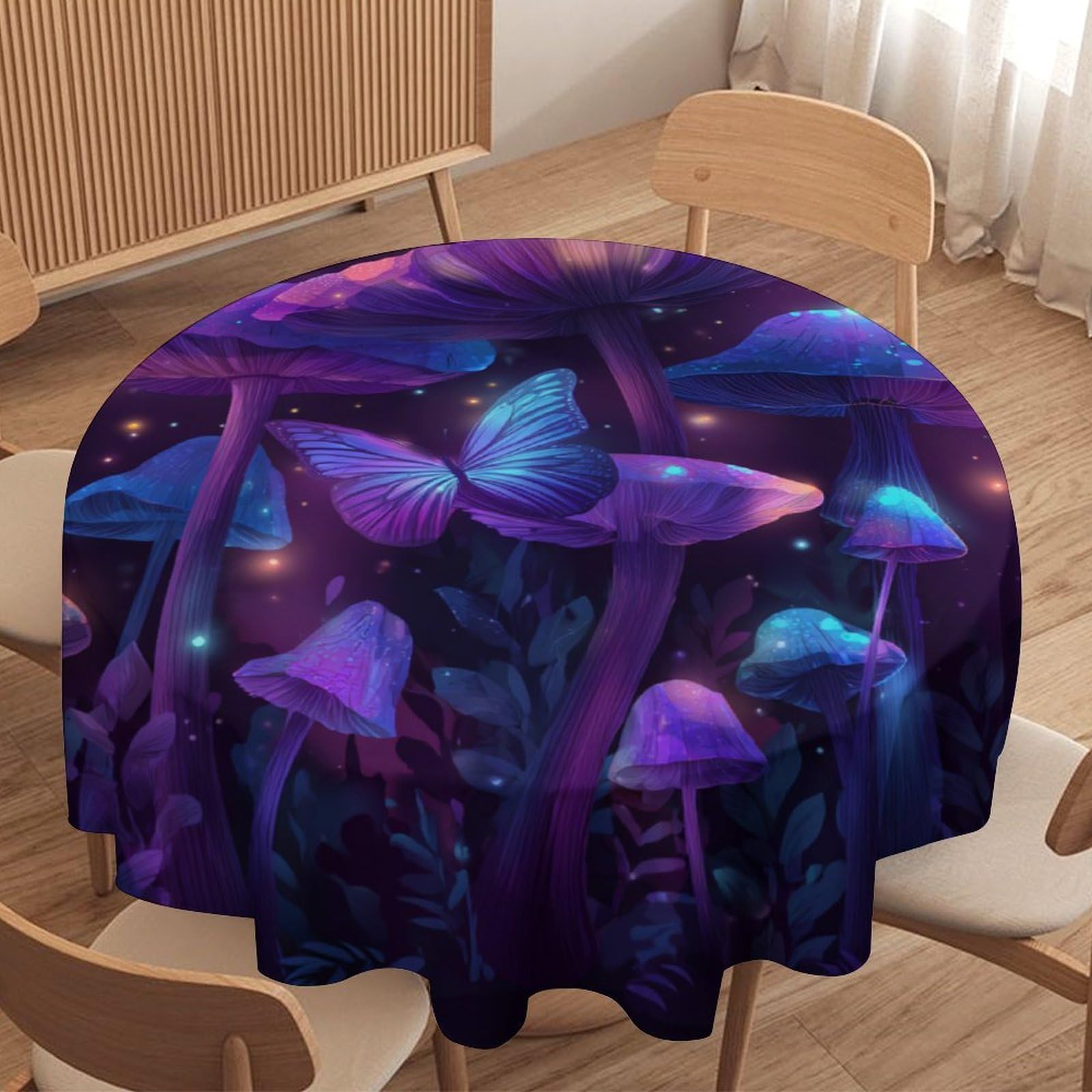 LUYYSKY Fantasy Abstract Mushroom Waterproof Round Tablecloth Vintage Watercolor Botanical Boho Mushroom Animal Butterfly Pattern Washable Table Cover for Kitchen-177.8" Wx177.8 L cm